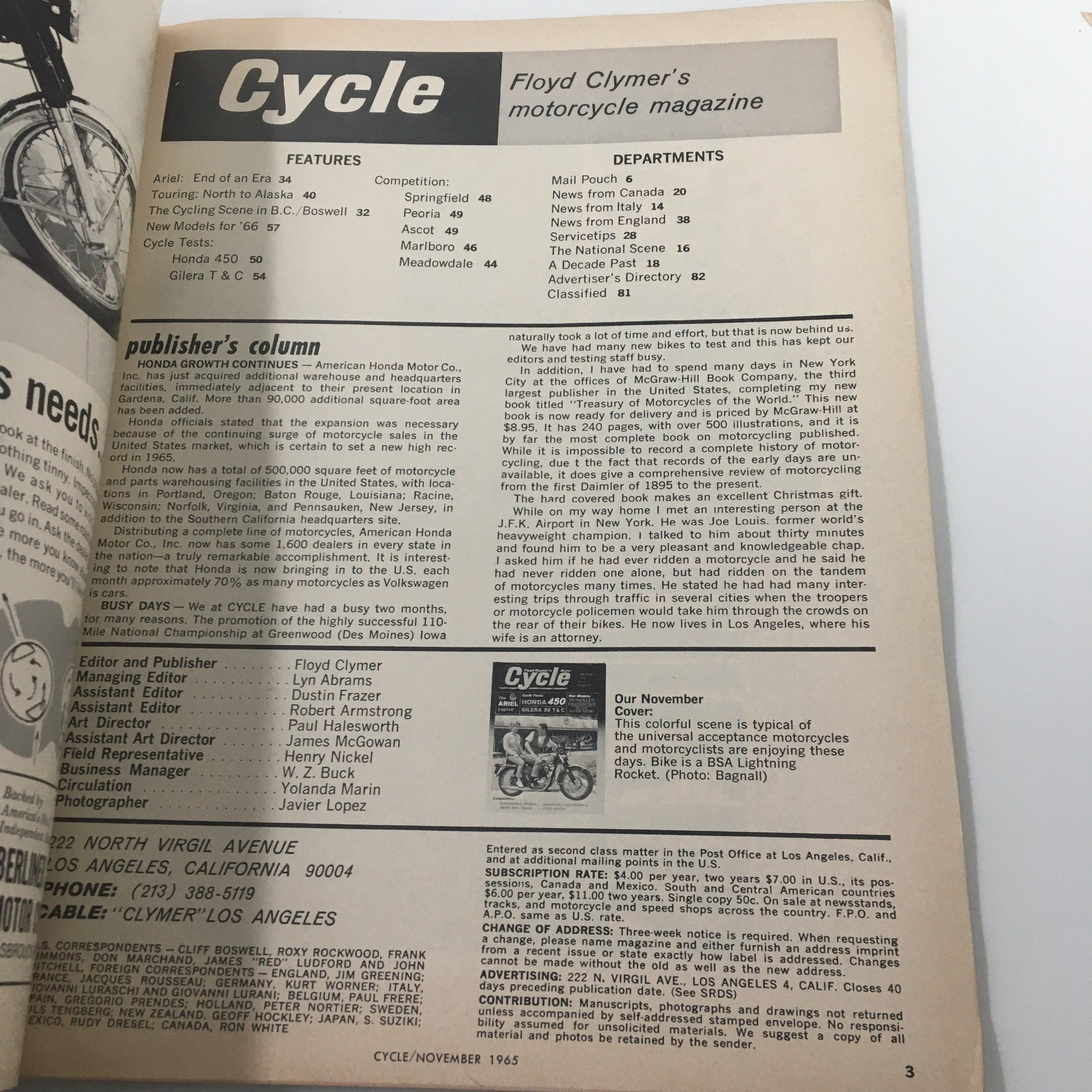 VTG Cycle Magazine November 1965 Honda 450 Gilera 98 T & C Cycle Test No Label