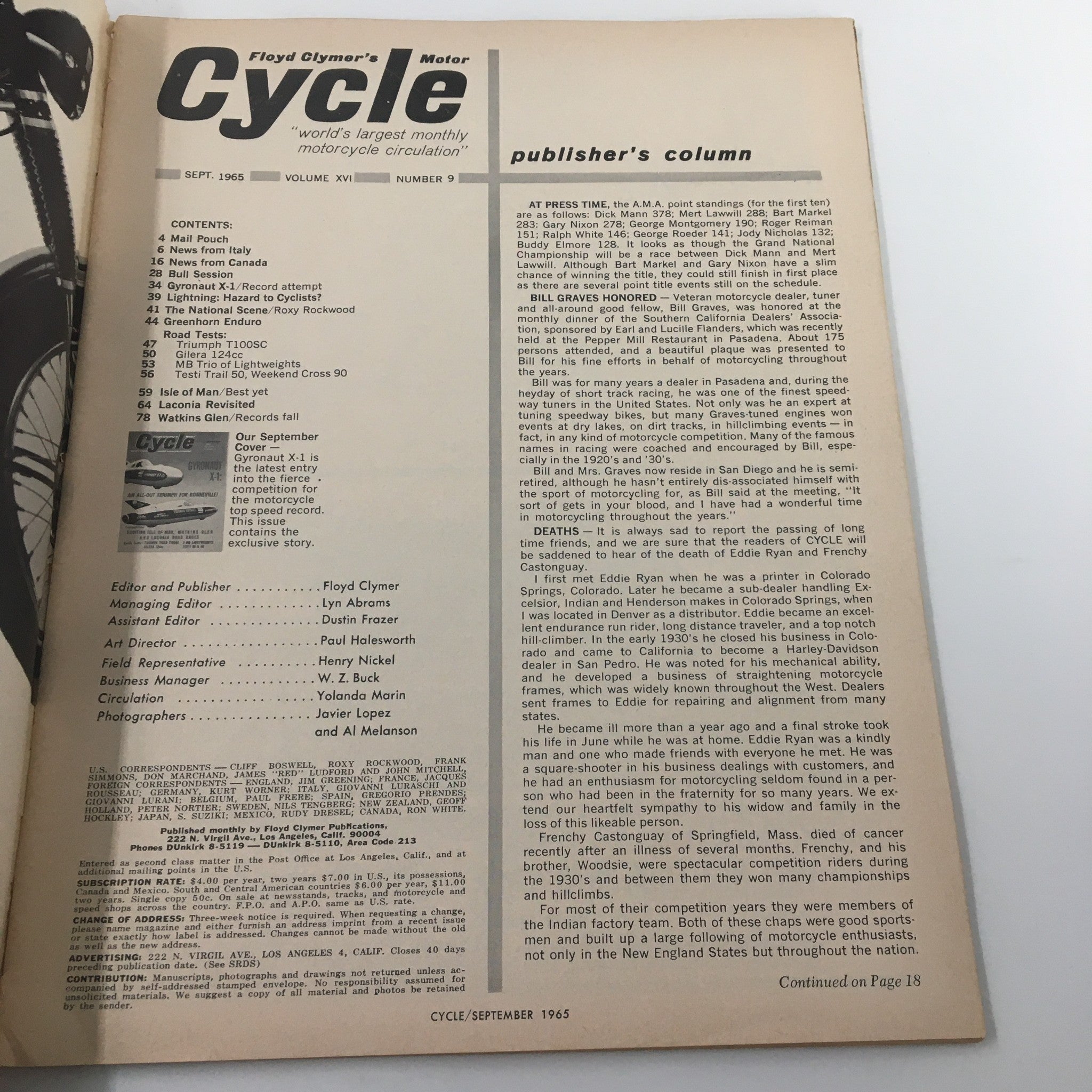 VTG Cycle Magazine September 1965 Gyronaut X-1 An All-Out Triumph No Label