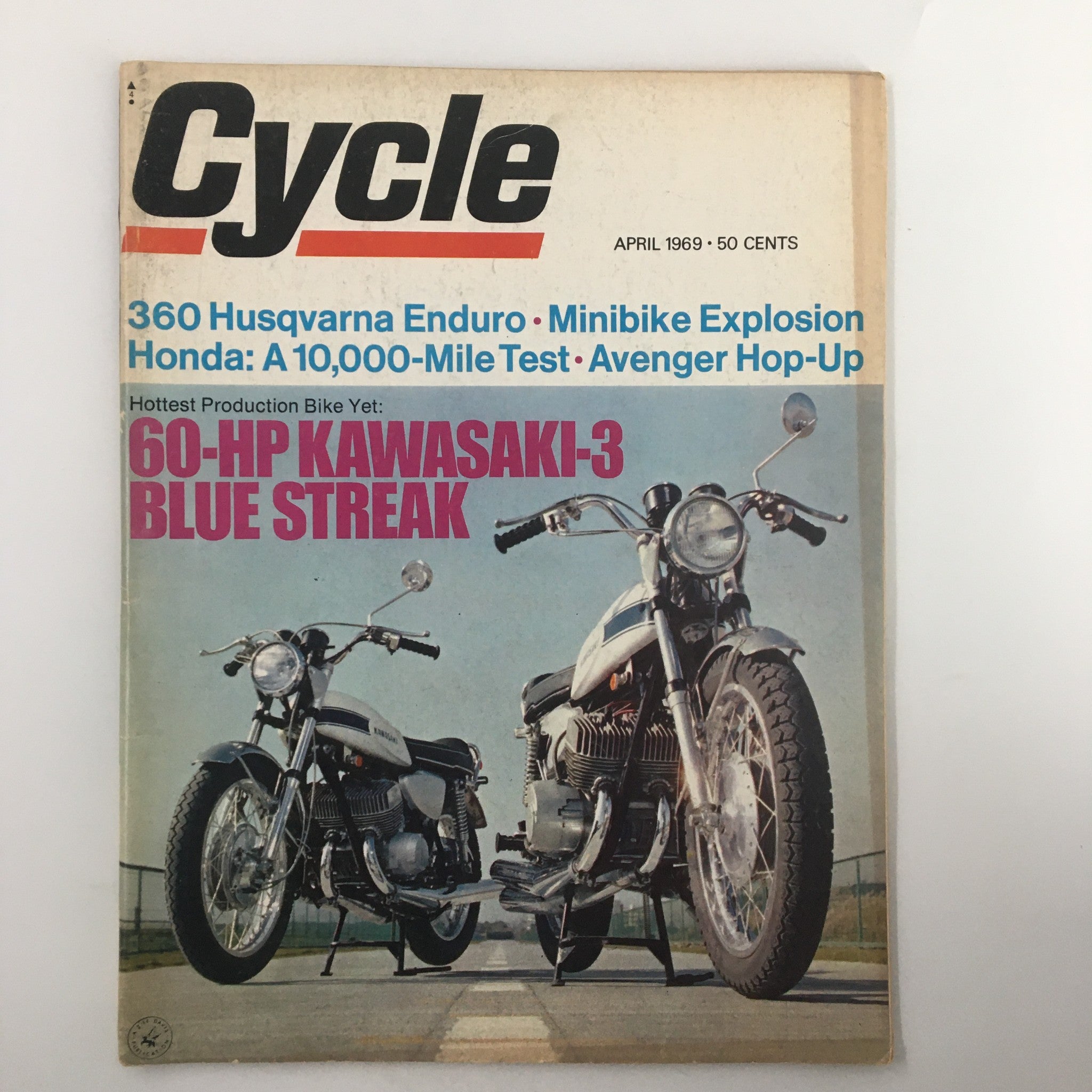 VTG Cycle Magazine April 1969 featuring the 60-Hp Kawasaki-3 Blue Streak on the cover, showcasing vintage motorcycles from the 1960s.