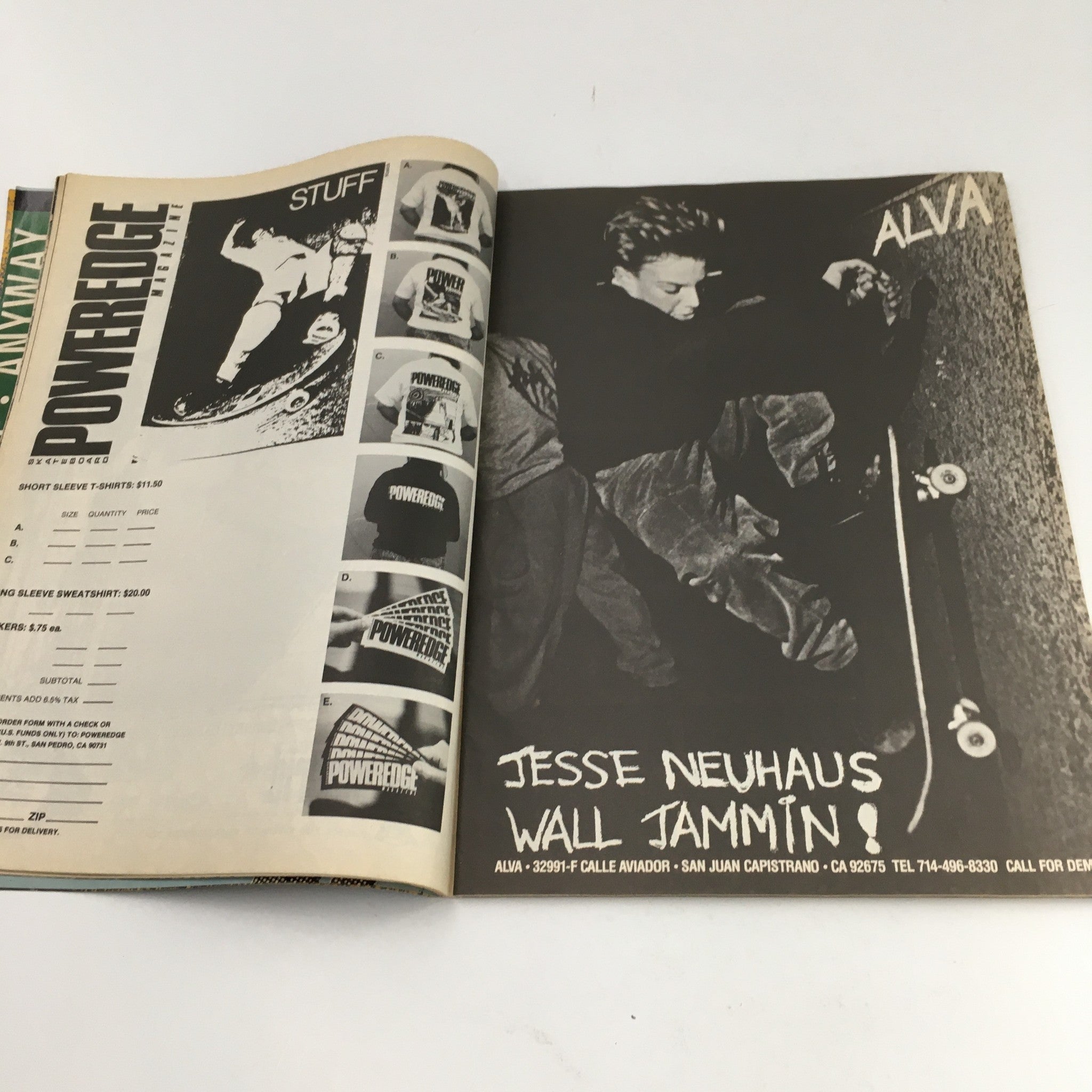 Another inside spread of Skateboard Poweredge Magazine September 1989 Vol 2 #8, featuring Jesse Neuhaus in an advertisement for Alva skateboards.