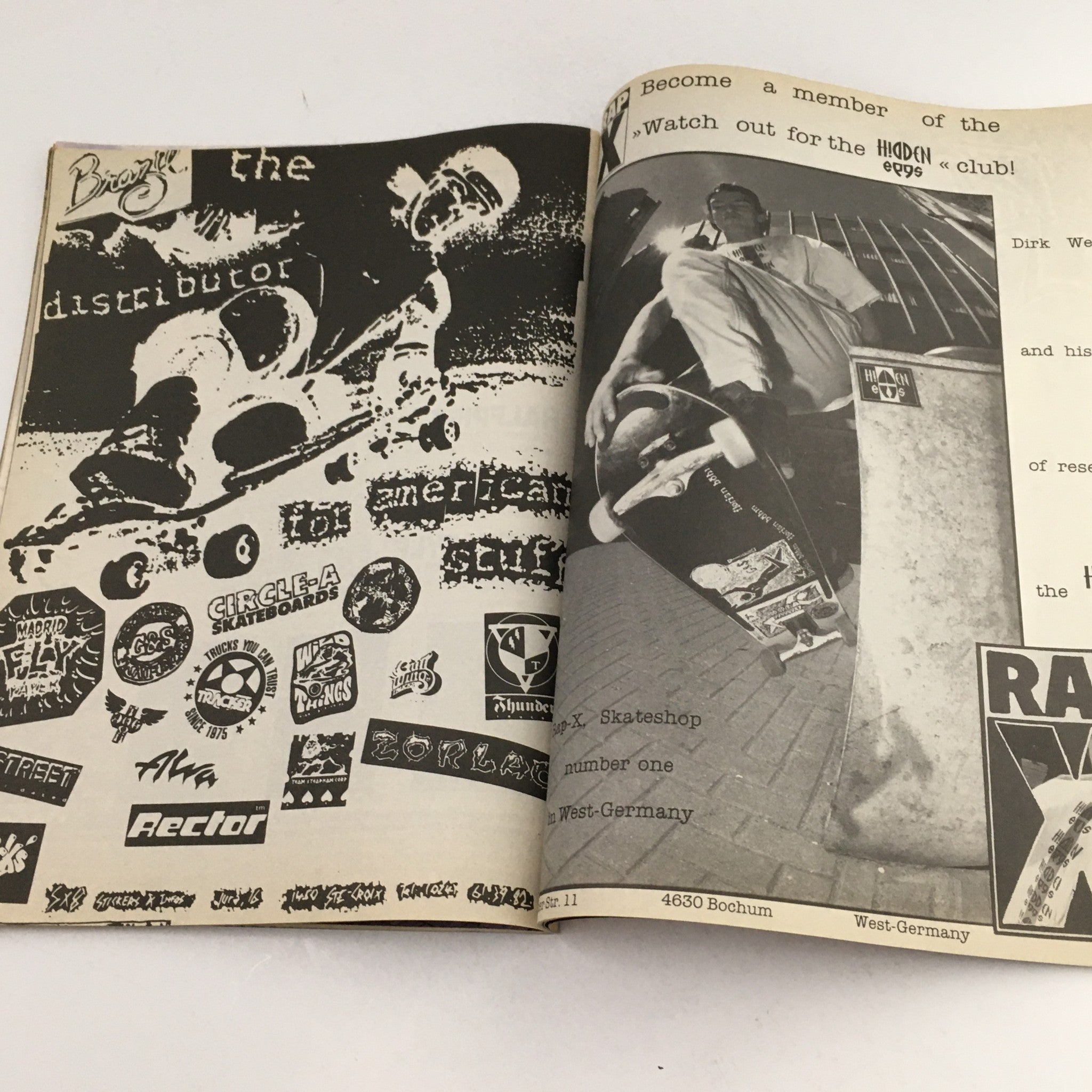 Interior page of Skateboard Poweredge Magazine September 1989 Vol 2 #8 featuring various skateboarding logos and advertisements, showcasing the culture of the late 80s skate scene.