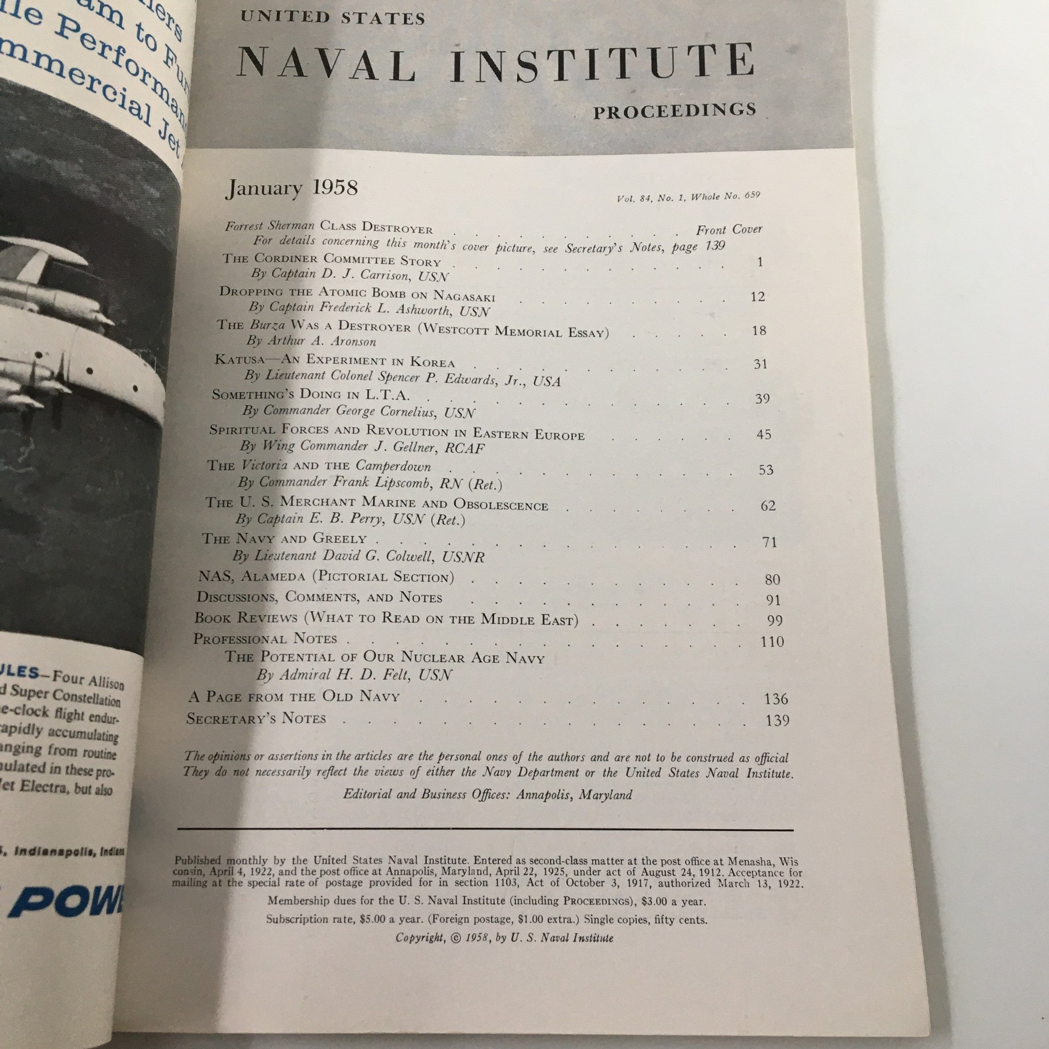 VTG United States Naval Institute Proceedings January 1958 Class Destroyer