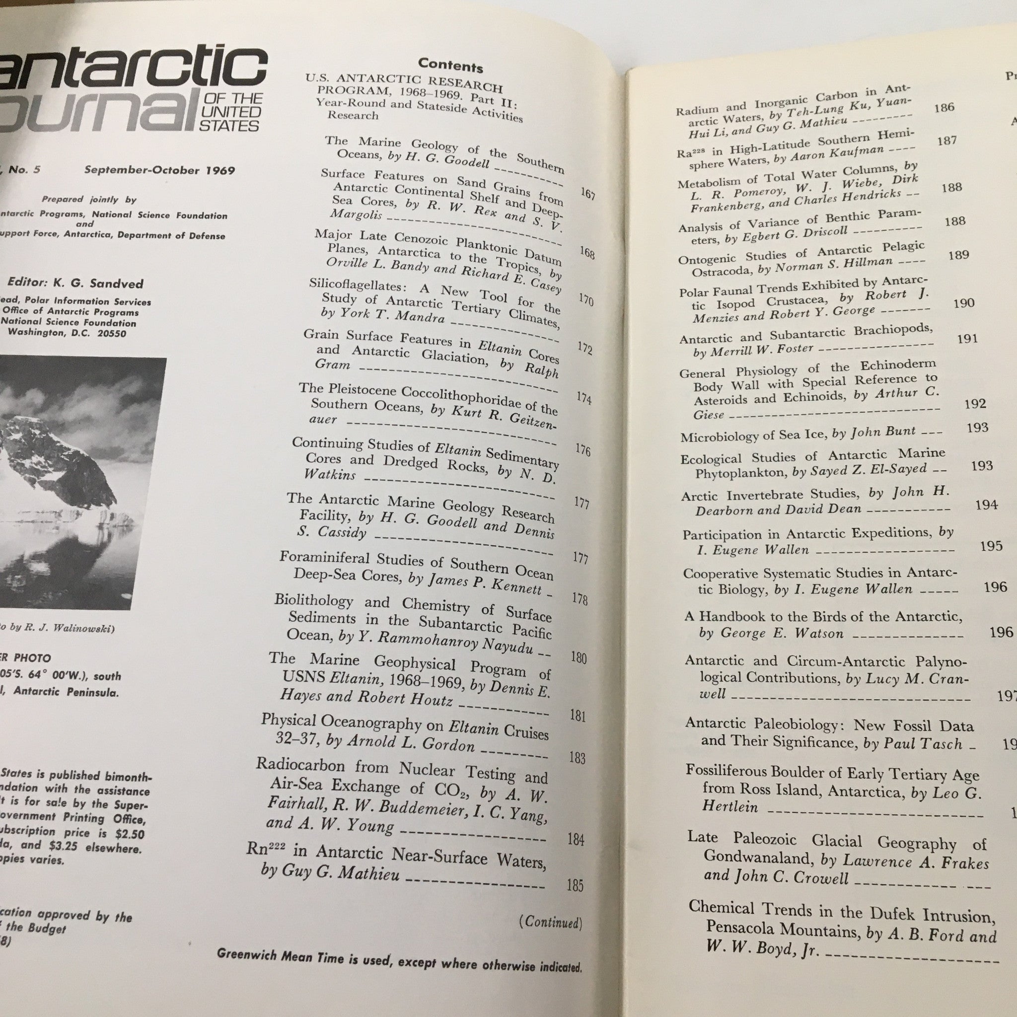 Inside contents page of the 'VTG Antarctic Journal of The United States September 1969 Antarctic Paleobiology', listing various articles and research related to Antarctic studies.