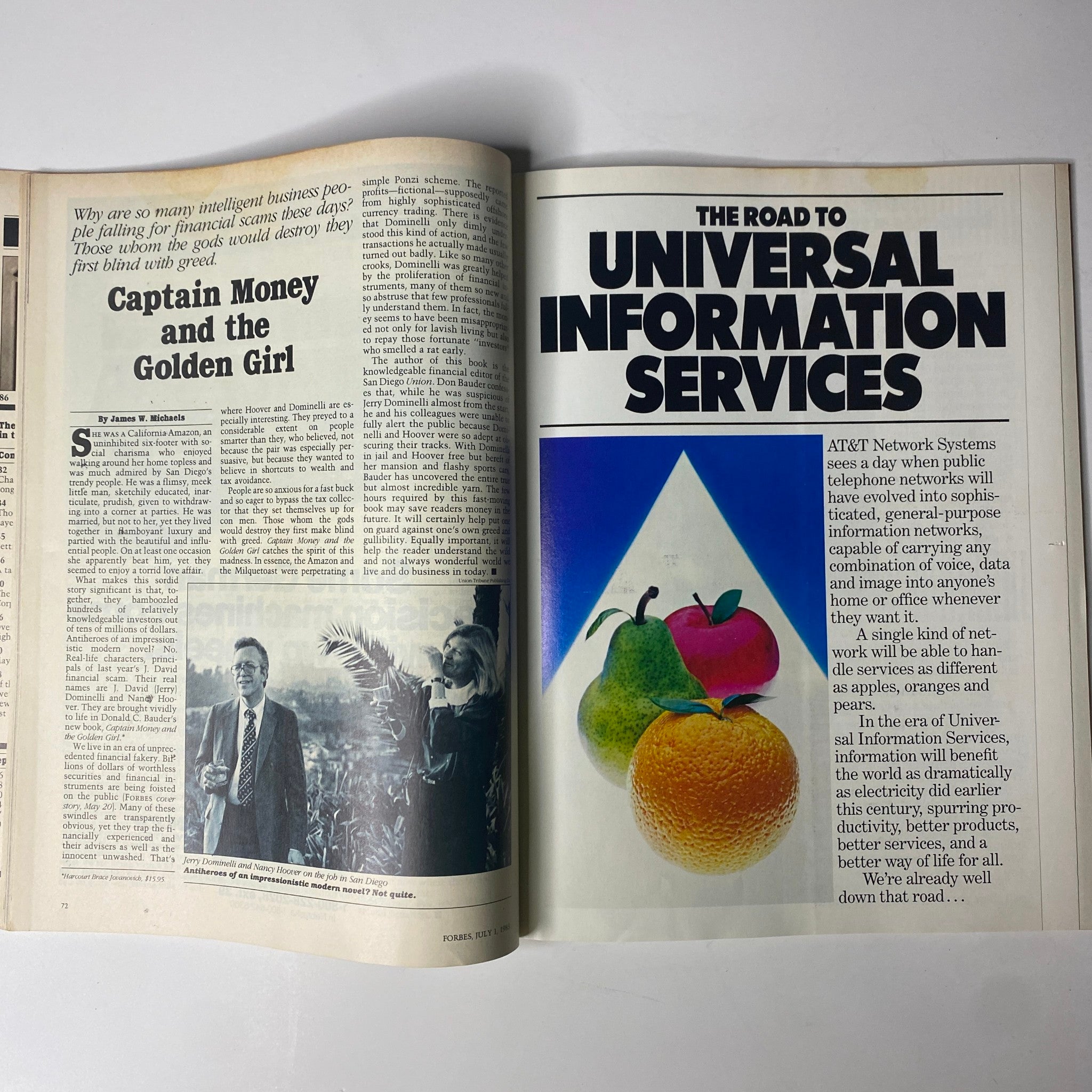 Inside pages of Forbes Magazine from July 1, 1985, featuring articles on business stories and corporate analysis, including 'Captain Money and the Golden Girl'.