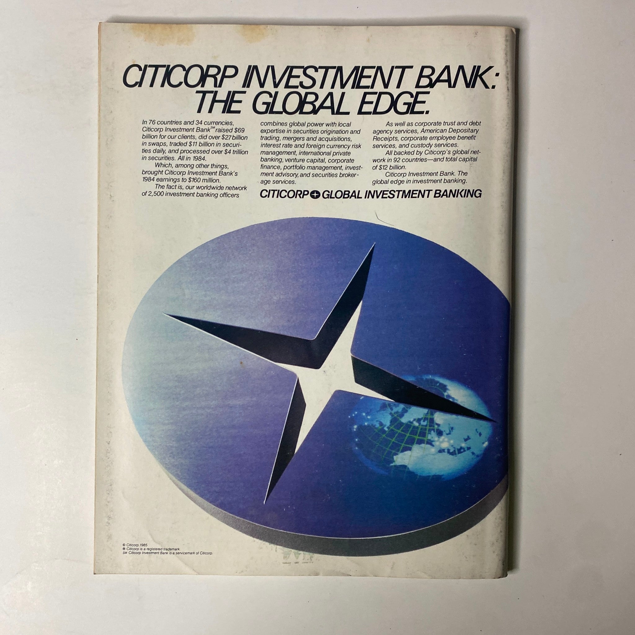 Back cover of Forbes Magazine July 1, 1985, highlighting Citicorp Investment Bank with a focus on global investment banking strategies and services.