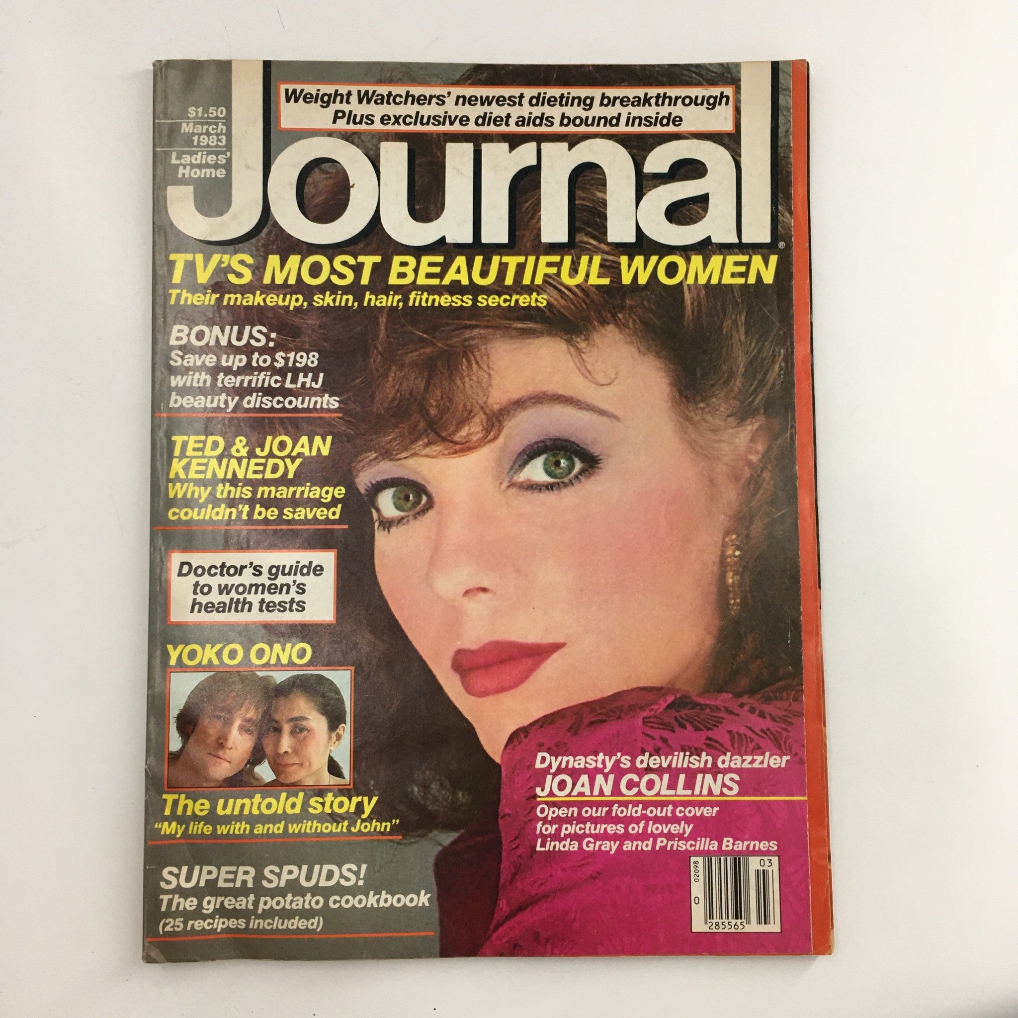 Ladies' Home Journal Magazine March 1983 cover featuring Joan Collins and Yoko Ono, showcasing beauty tips and health secrets for women.