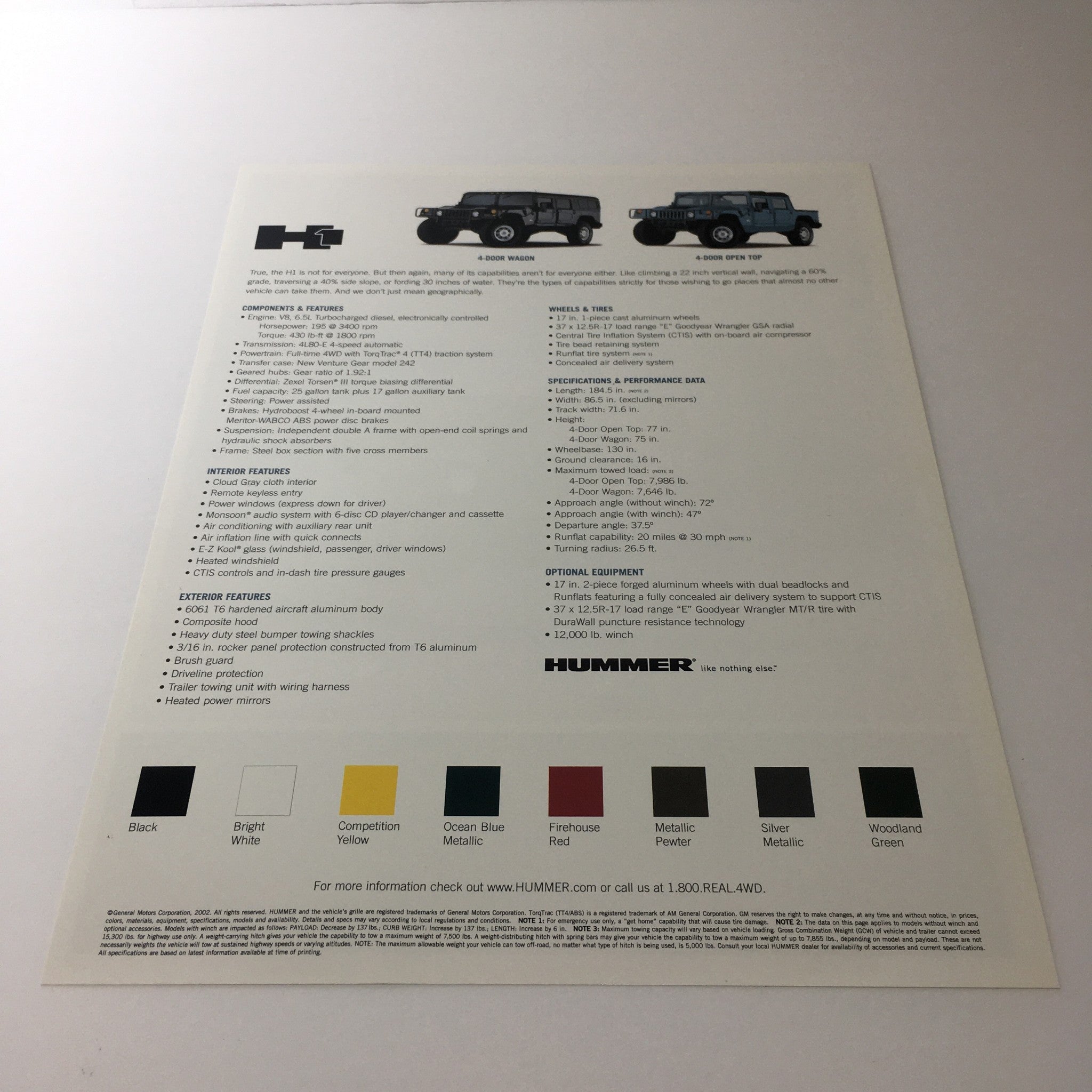 2002 Hummer H1 4x4 Dealership Car Auto Catalog Brochure