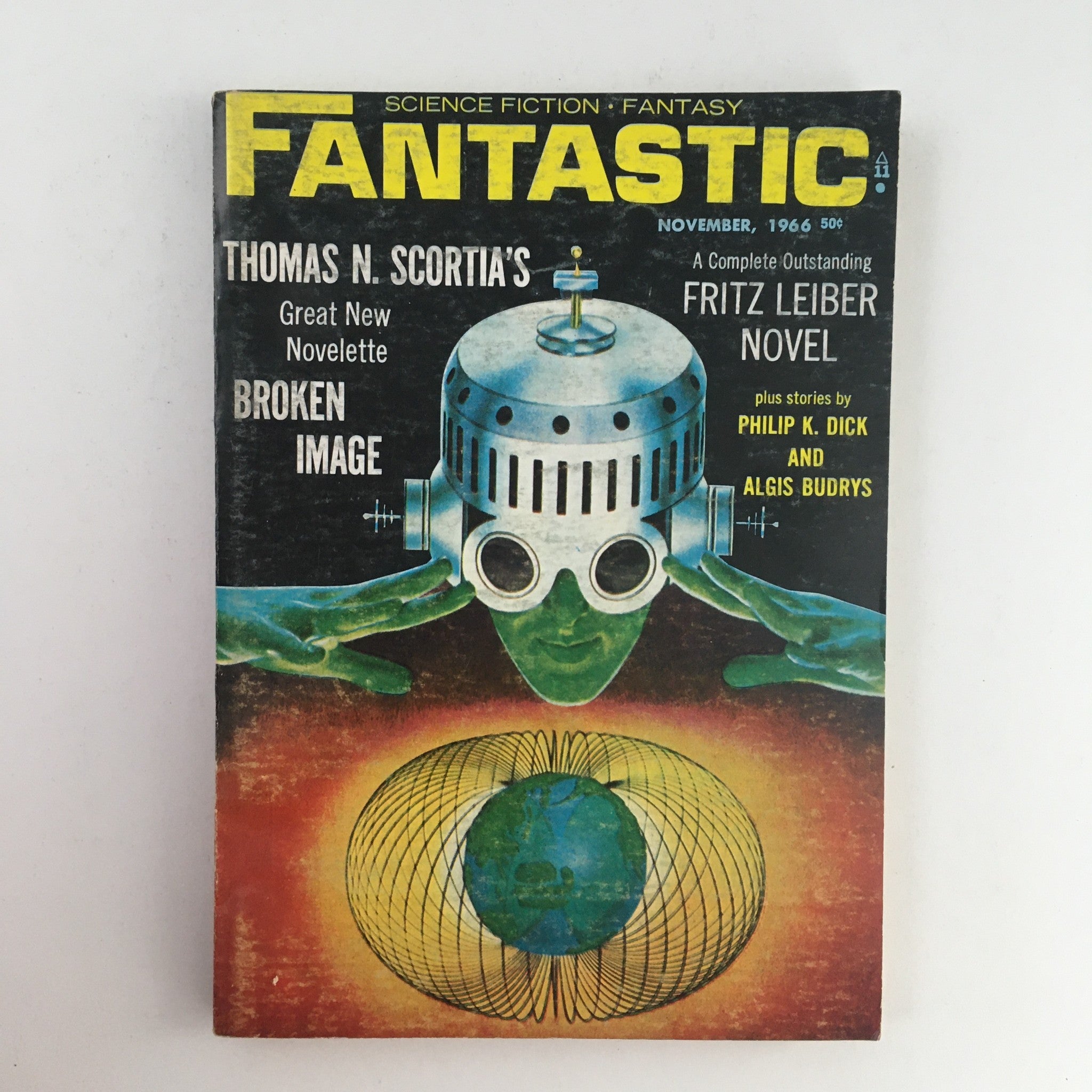 Cover of Fantastic Science Fiction & Stories, November 1966, Volume 16 Issue 2, featuring a Fritz Lieber novel, with a colorful illustration of an alien figure and intricate designs.
