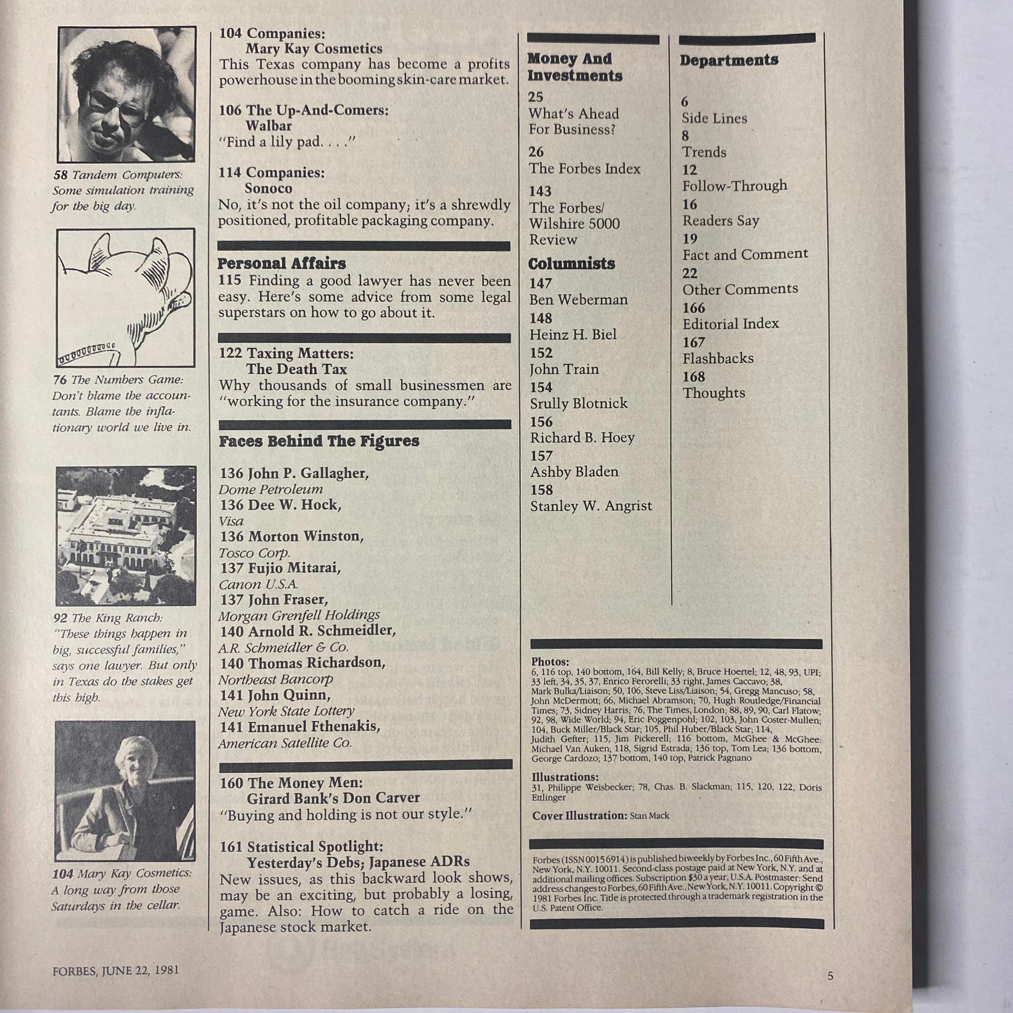 A page from Forbes Magazine, June 22, 1981, showcasing company highlights including Tandem Computers, Mary Kay Cosmetics, and more. The layout features articles on various businesses and tax matters in the context of the economic landscape.