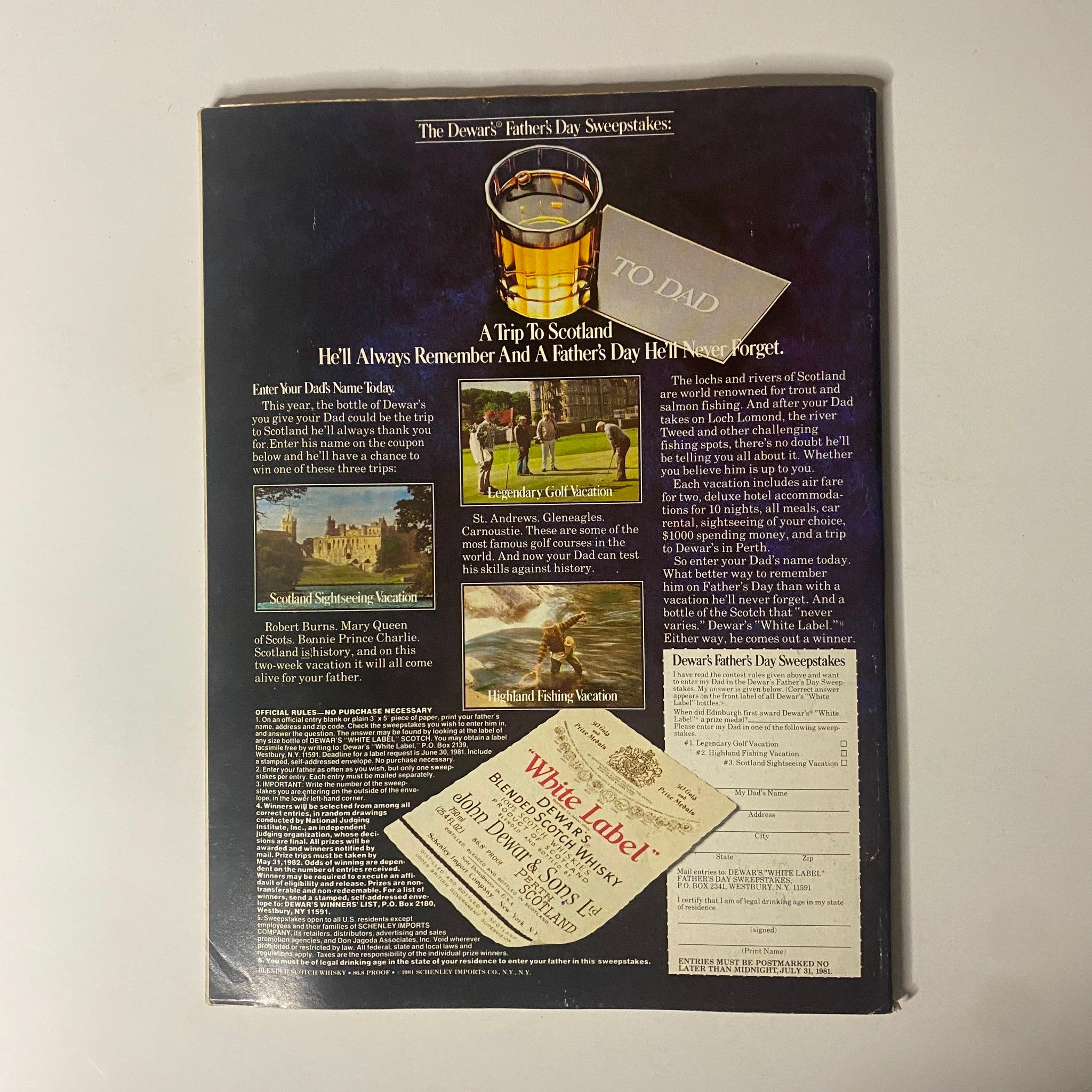 The back cover of Forbes Magazine, June 22, 1981, promoting the Dewar’s Father's Day Sweepstakes. The design includes visuals of vacations in Scotland, inviting readers to enter a contest for a memorable gift for Dad.