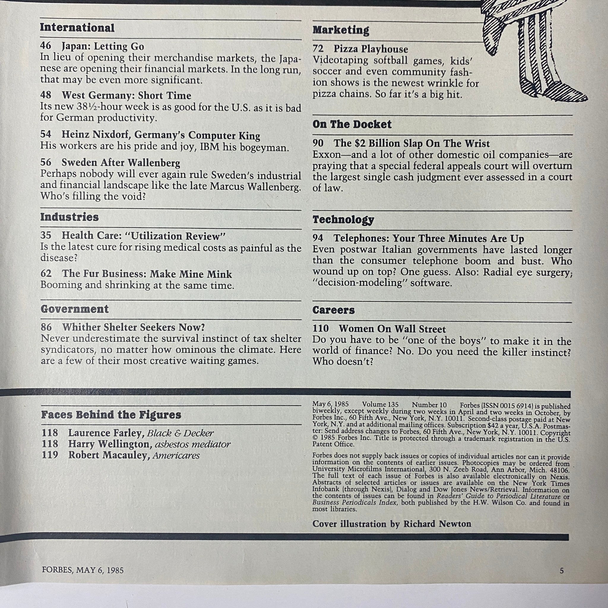 An inside page of Forbes Magazine dated May 6, 1985, showcasing various article titles and sections including international news, industries, marketing, technology, and careers, highlighting the magazine's focus on the financial climate during that time.