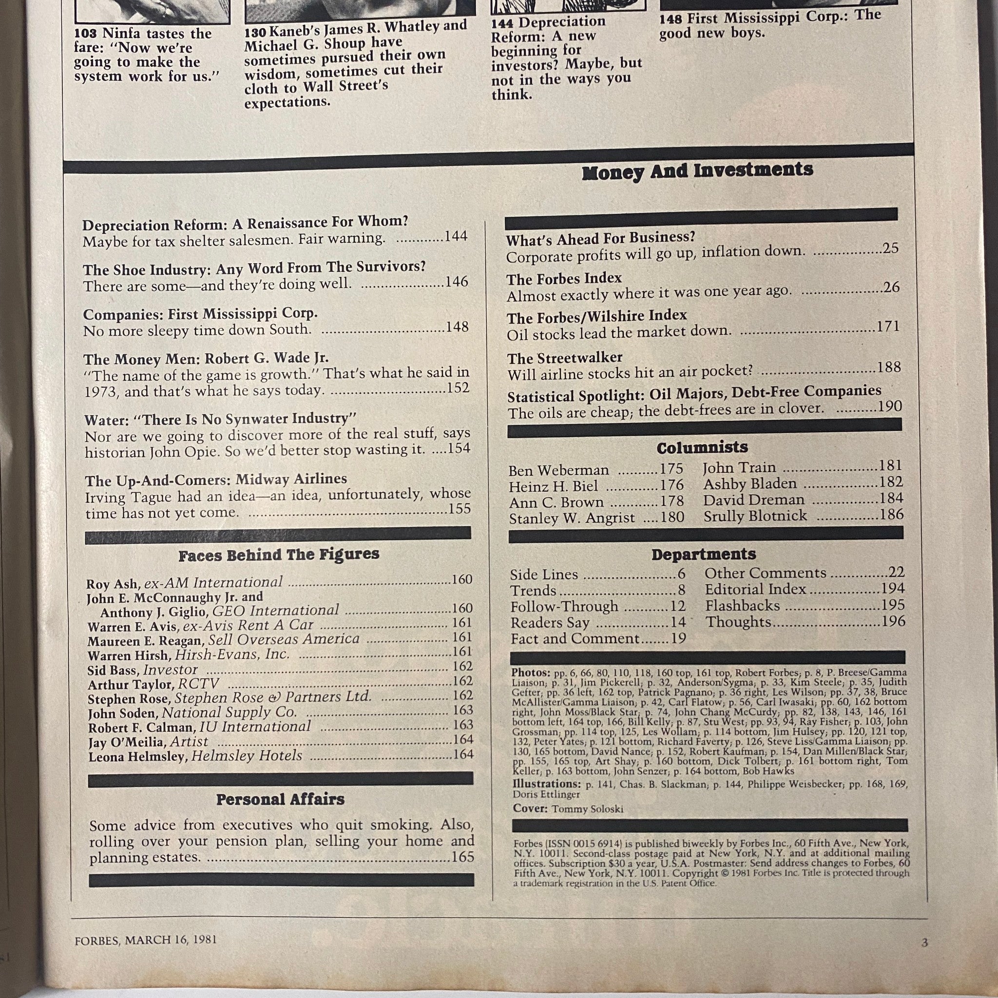 Second contents page of Forbes Magazine March 16, 1981 detailing additional articles related to finance, investments, and economic issues.