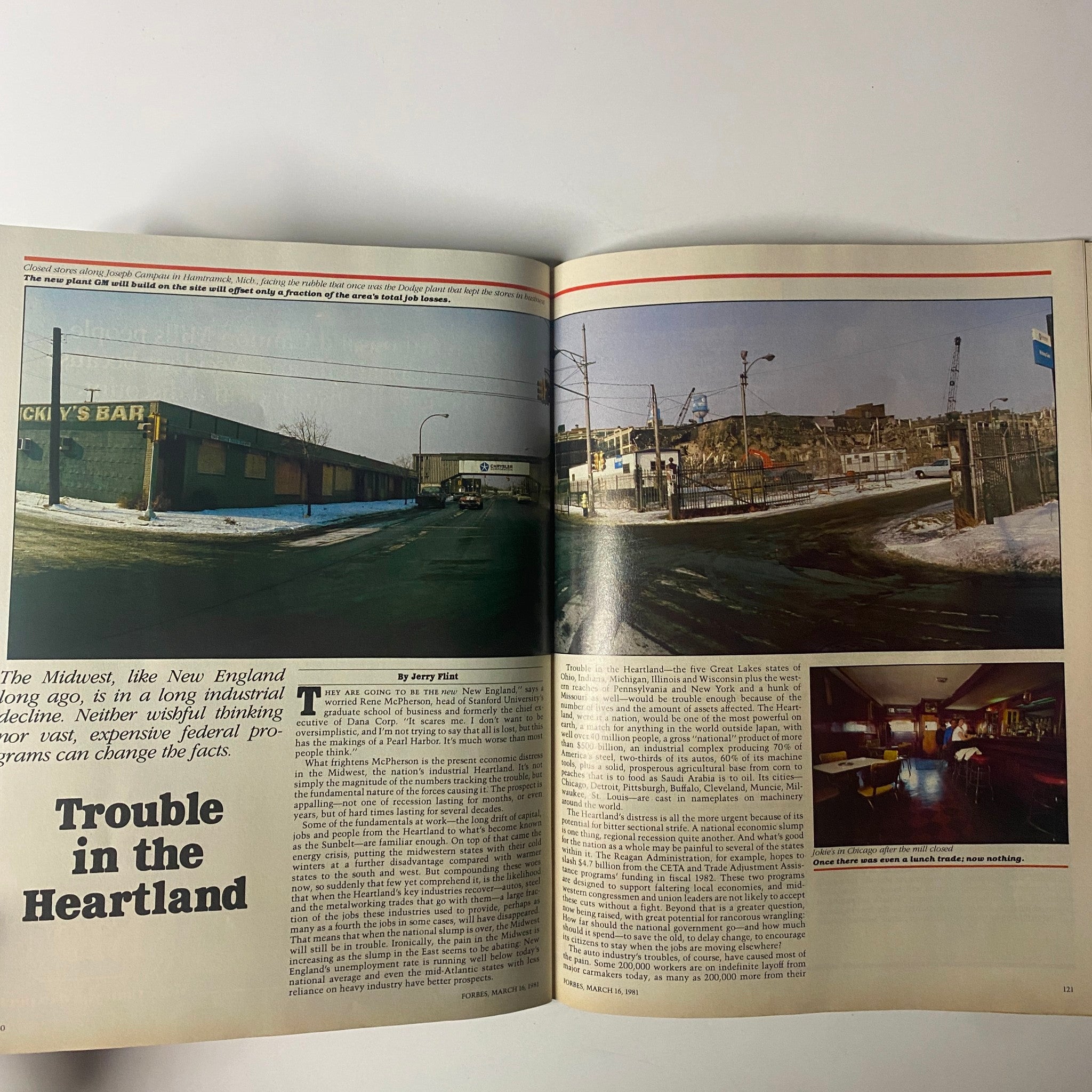 Inside pages of Forbes Magazine March 16, 1981, showcasing the article titled 'Trouble in the Heartland', which covers the industrial decline in the Midwest.