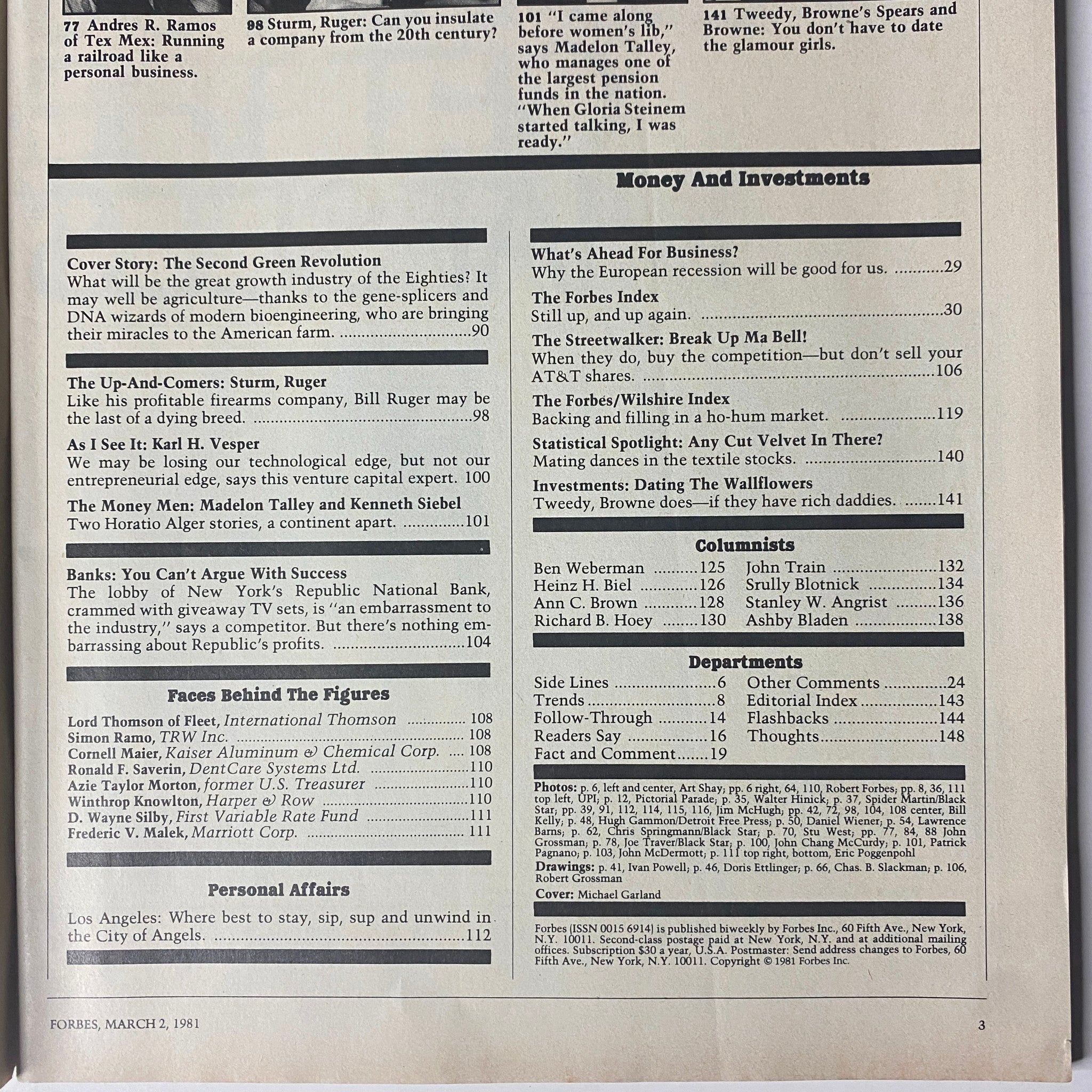 Forbes Magazine March 2, 1981 showing an excerpt from the magazine featuring sections about investments, economics, and corporate business, reflective of the early 1980s financial landscape.