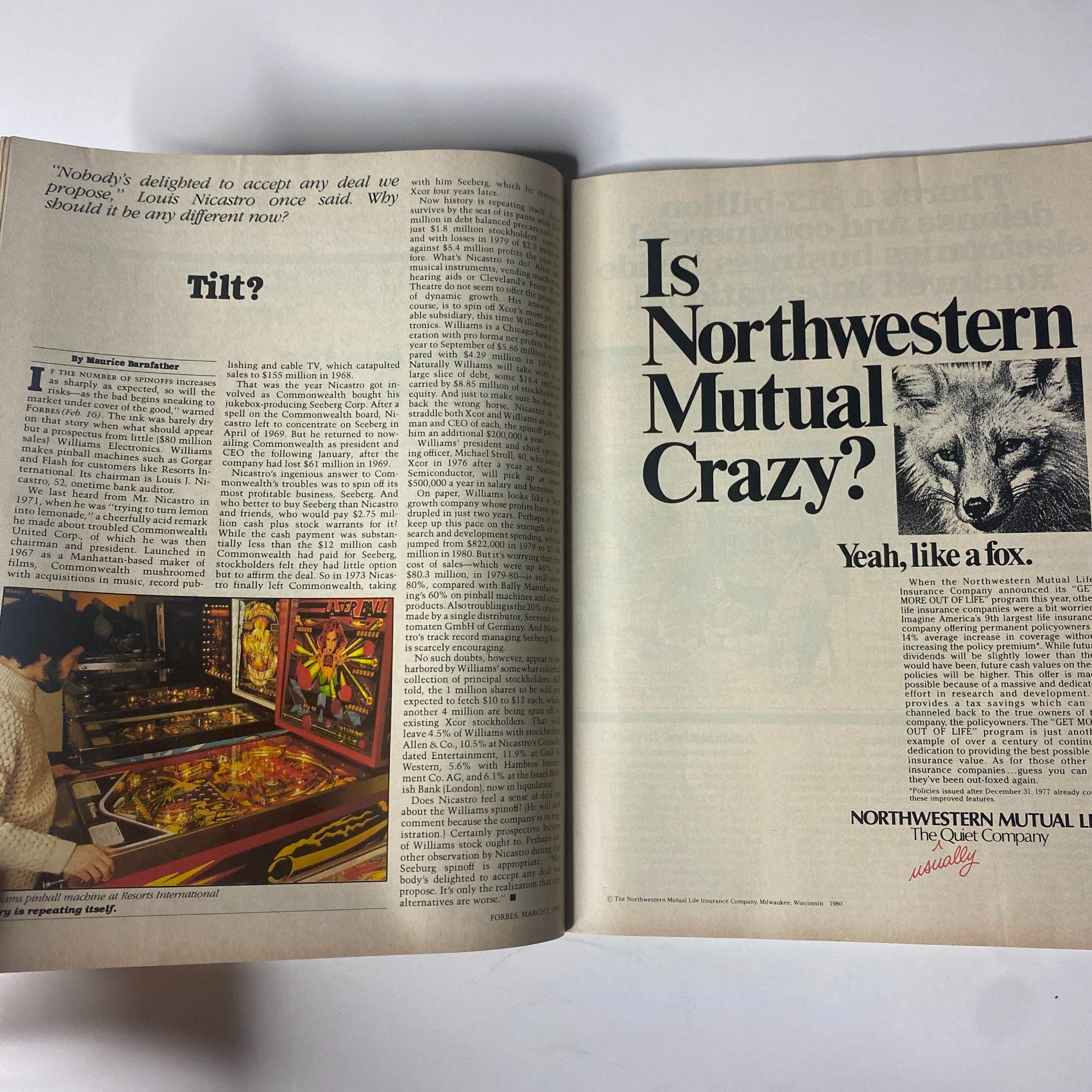Interior page of Forbes Magazine March 2, 1981 discussing a business commentary titled 'Is Northwestern Mutual Crazy?'. The page highlights financial insights and market trends from the early 1980s.