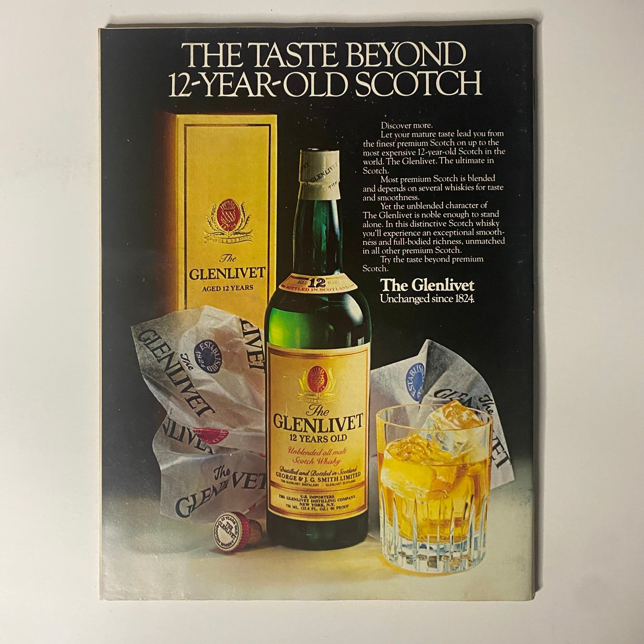 Advertisement in Forbes Magazine March 2, 1981 for The Glenlivet 12-Year-Old Scotch, showcasing the premium whiskey and its unique characteristics in an elegant presentation.