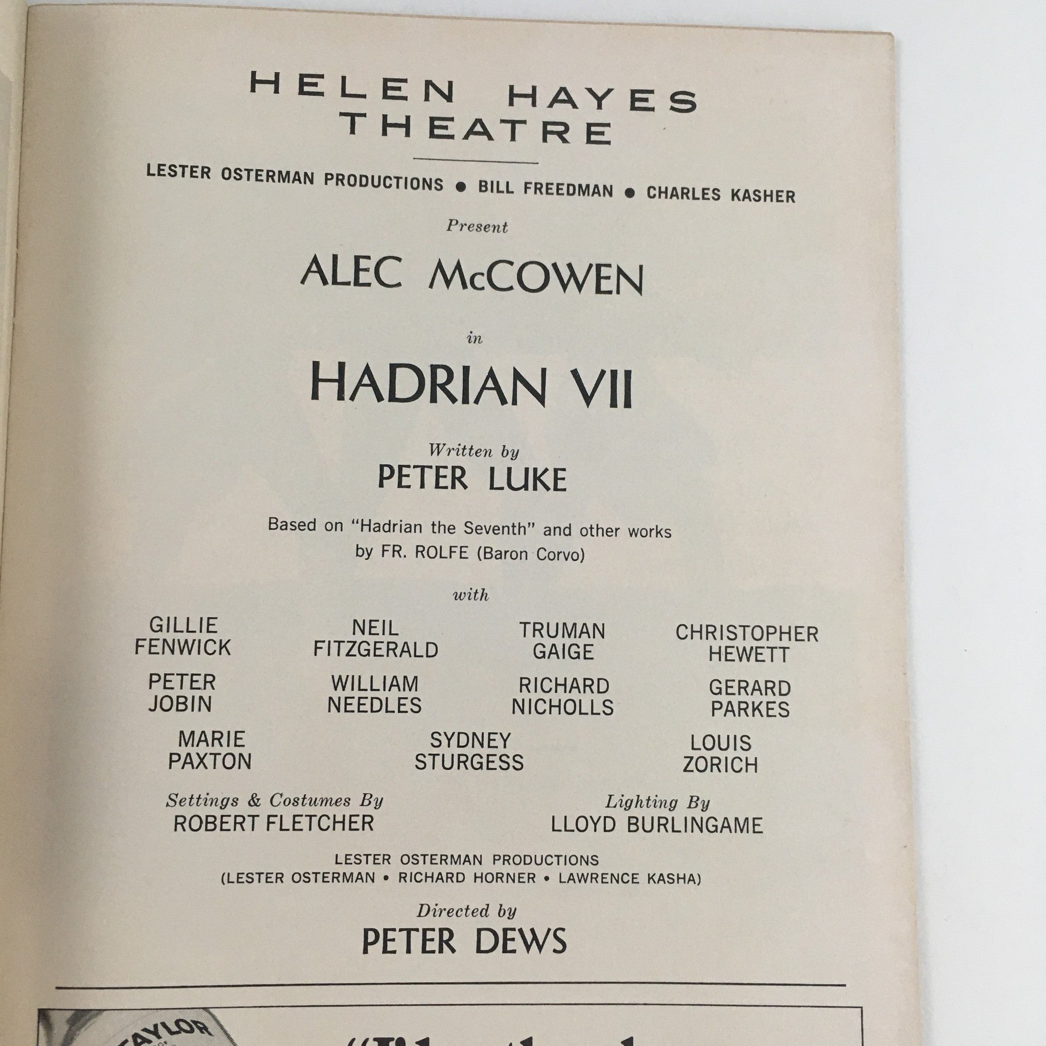 1969 Playbill Hadrian VII by Peter Dews at Helen Hayes Theatre