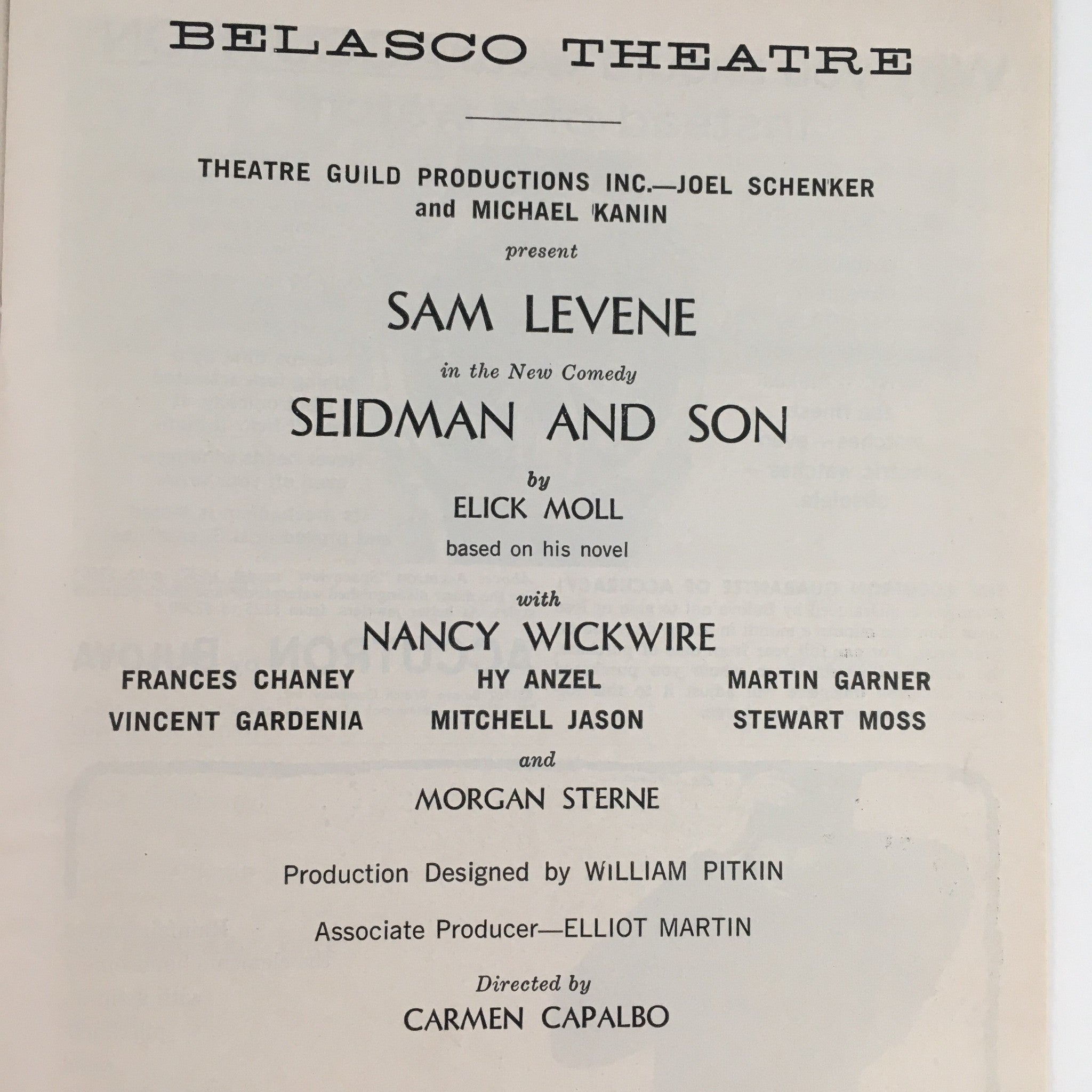 1962 Playbill Seidman and Son by Elick Moll Novel at Belasco Theatre