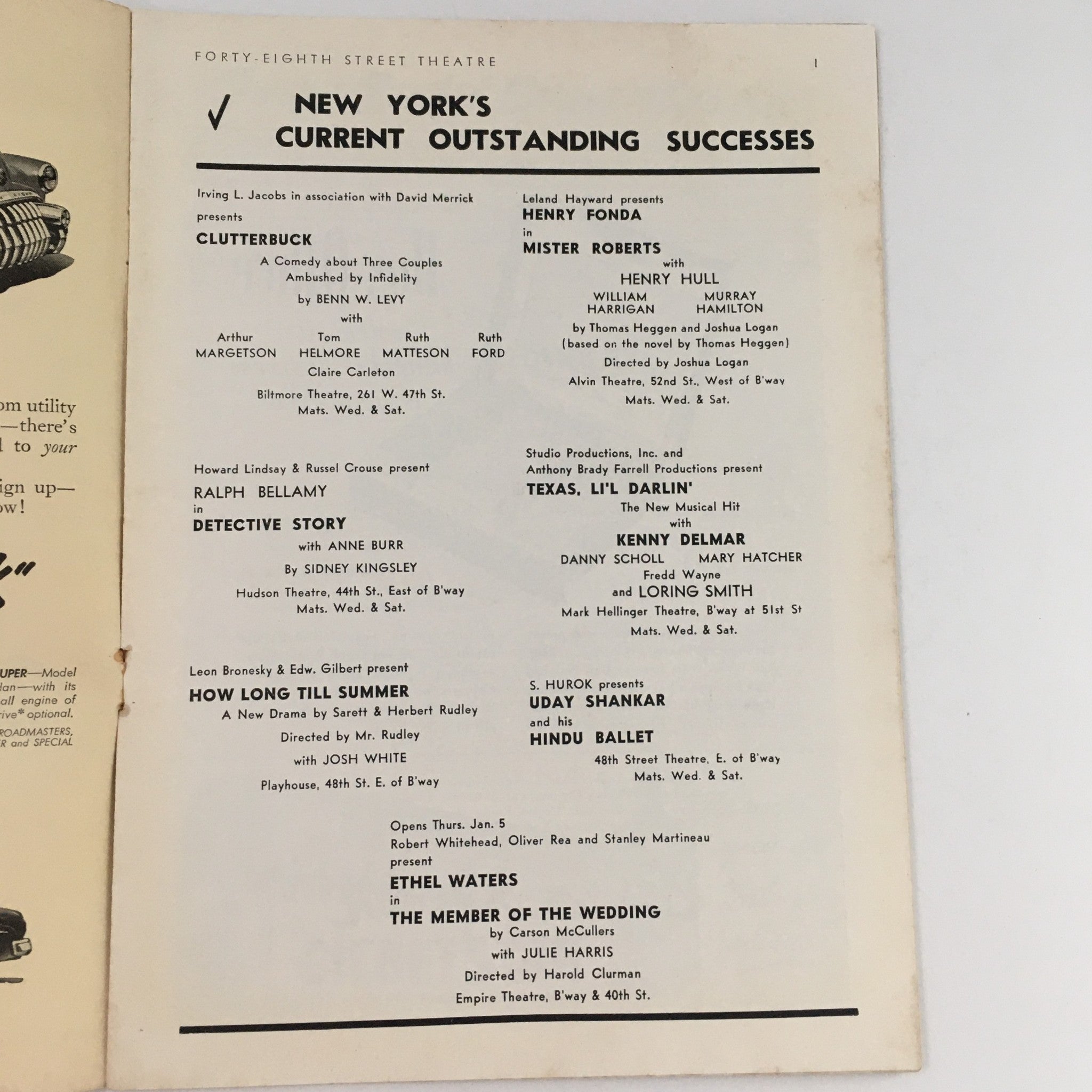 1949 Playbill Uday Shankar and His Hindu Ballet at Forty-Eight Street Theatre