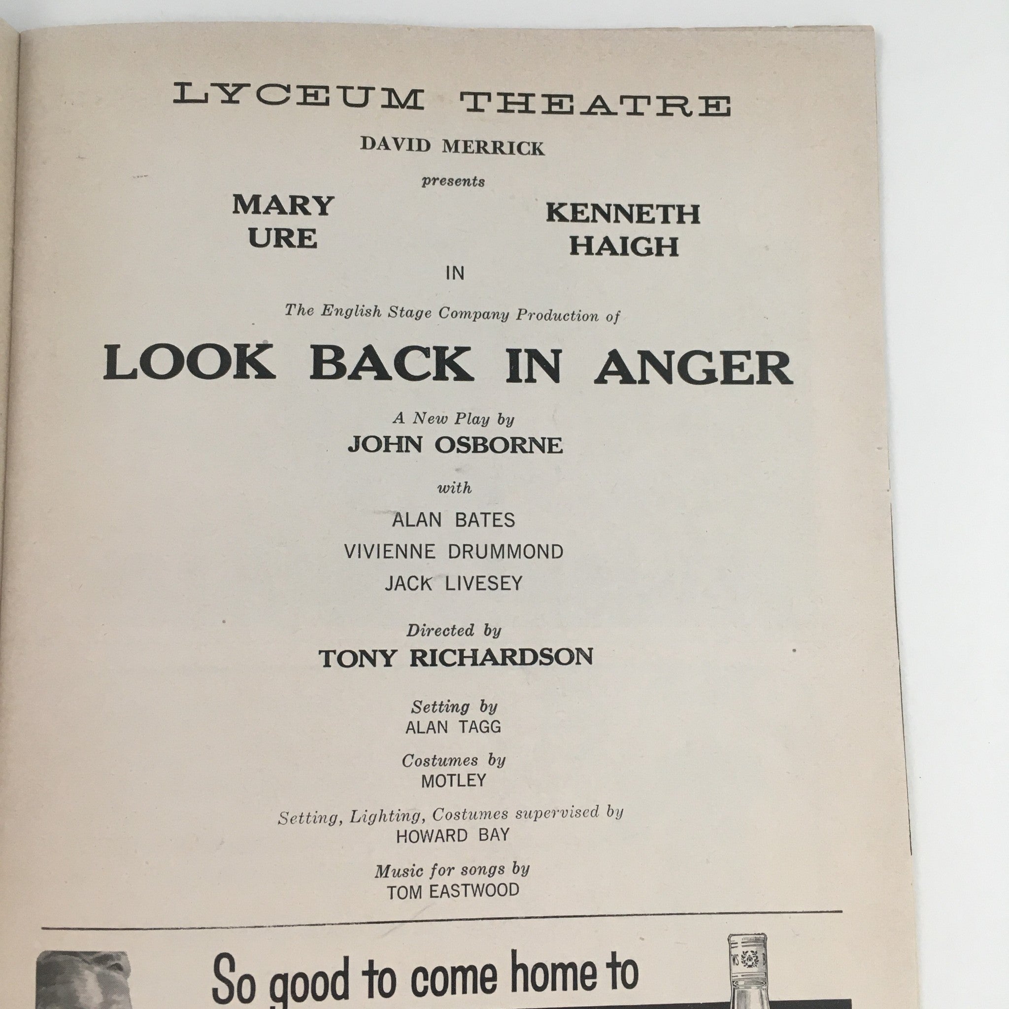 1958 Playbill Look Back in Anger Broadway at Lyceum Theatre