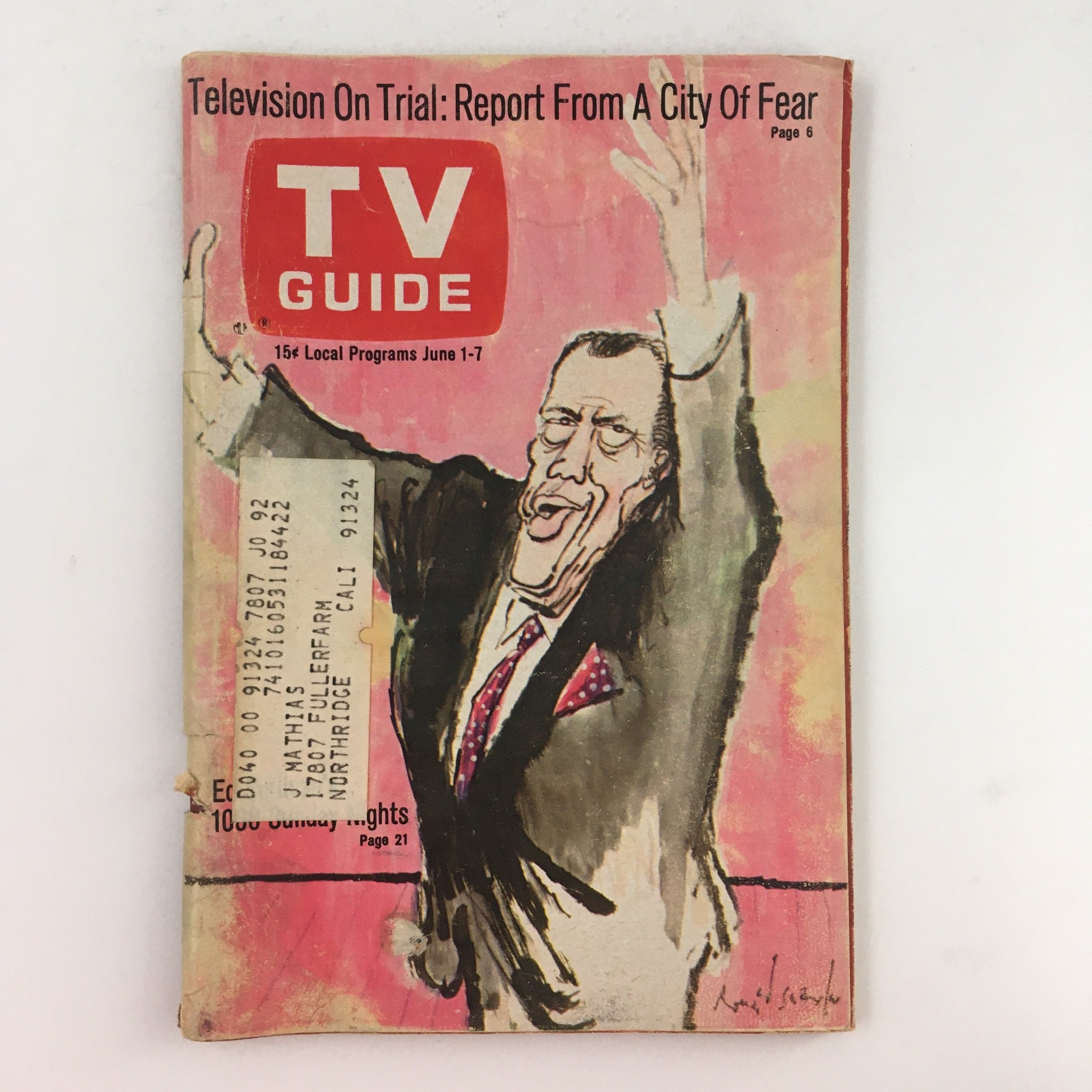 Cover of TV Guide from June 1, 1968 featuring Ed Sullivan, illustrated by Ronald Searle, showcasing the magazine title and local programming highlights.