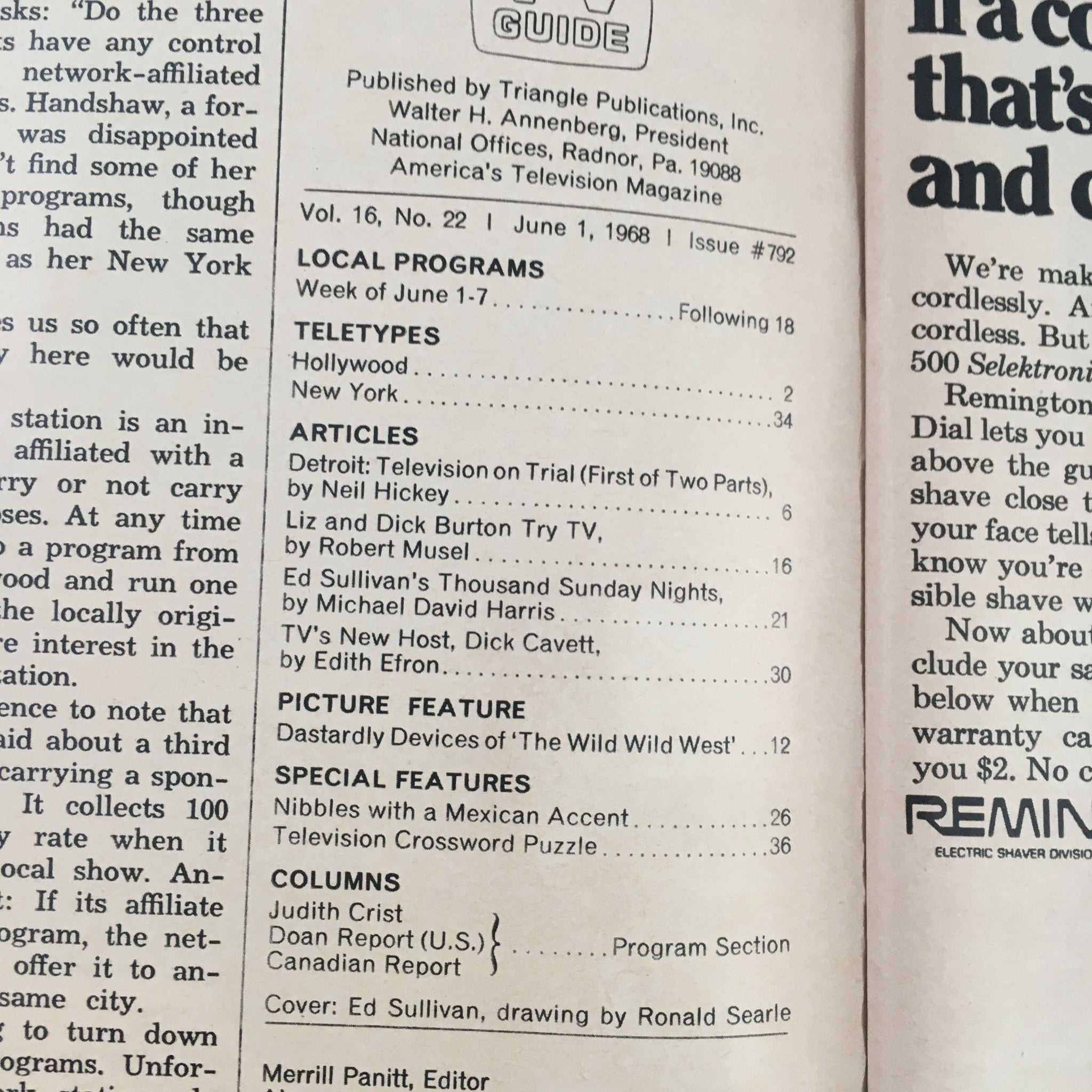 Interior page of the TV Guide from June 1, 1968, featuring local programs and articles, including mention of Ed Sullivan. This edition is #792 with a drawing by Ronald Searle.