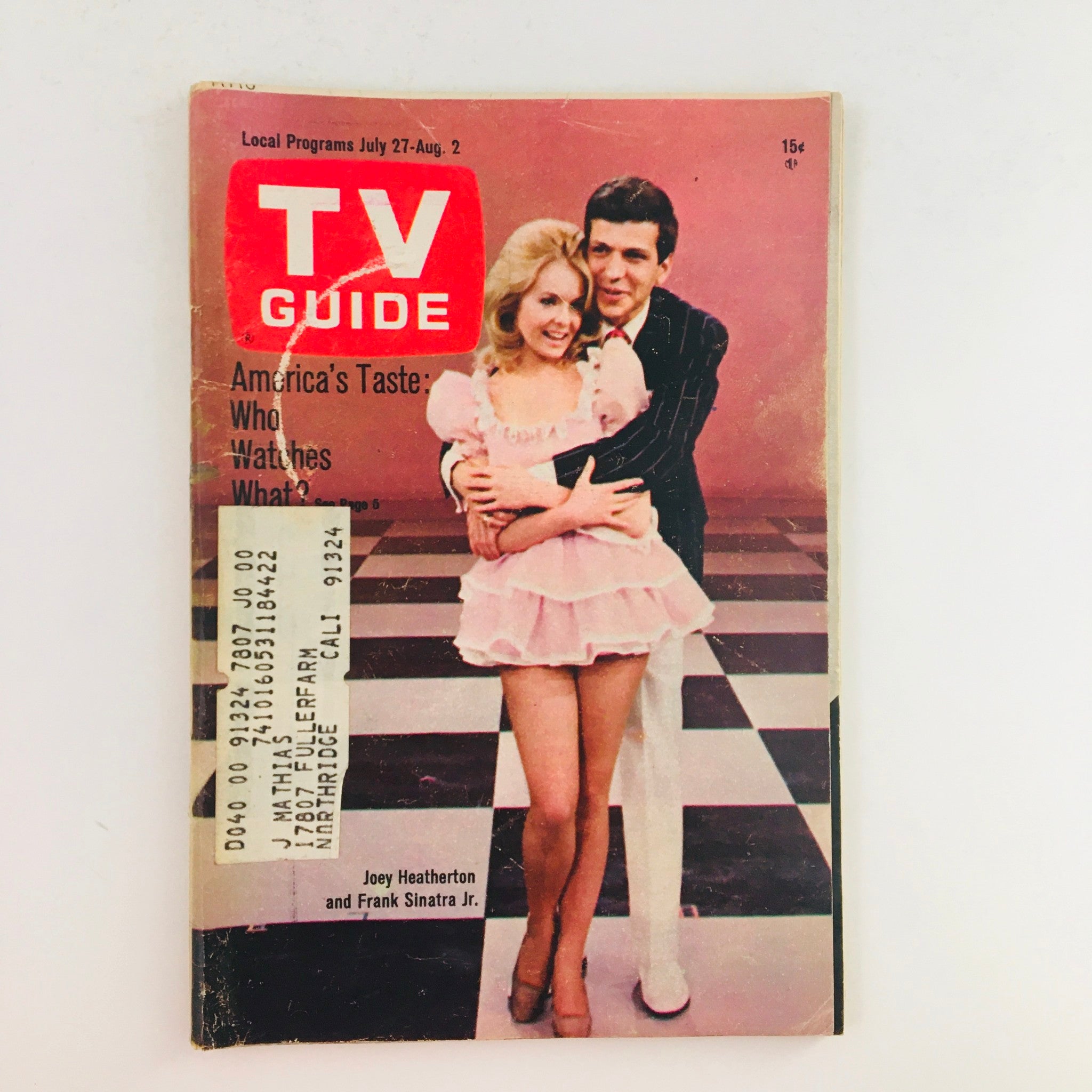 Cover of TV Guide July 27 1968 Volume 16 Issue 30 featuring Joey Heatherton and Frank Sinatra, showcasing vintage television culture with a pastel color theme and an address label present.