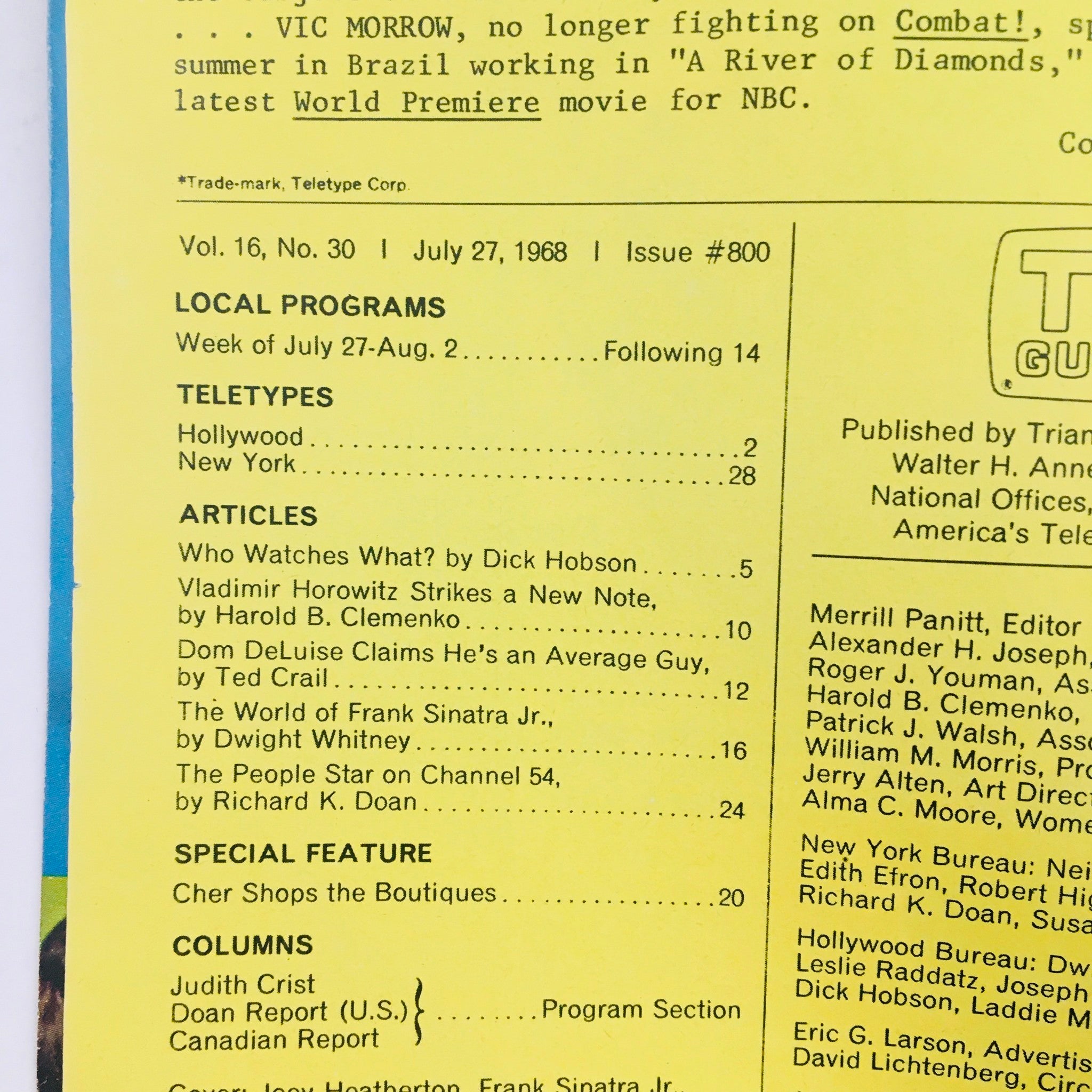 Inside page of TV Guide July 27 1968 Volume 16 Issue 30 displaying local programs and articles including features on Frank Sinatra Jr. and Hollywood events, providing a glimpse into the entertainment history of the late 1960s.