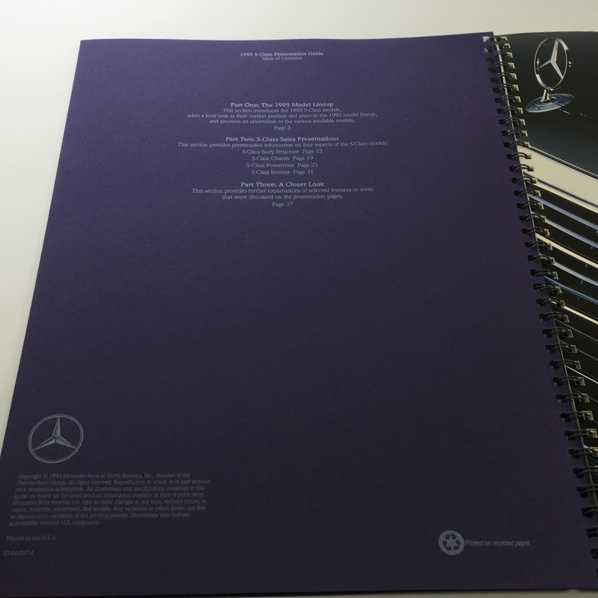 1995 Mercedes-Benz S-Class Presentation Guide Dealership Brochure