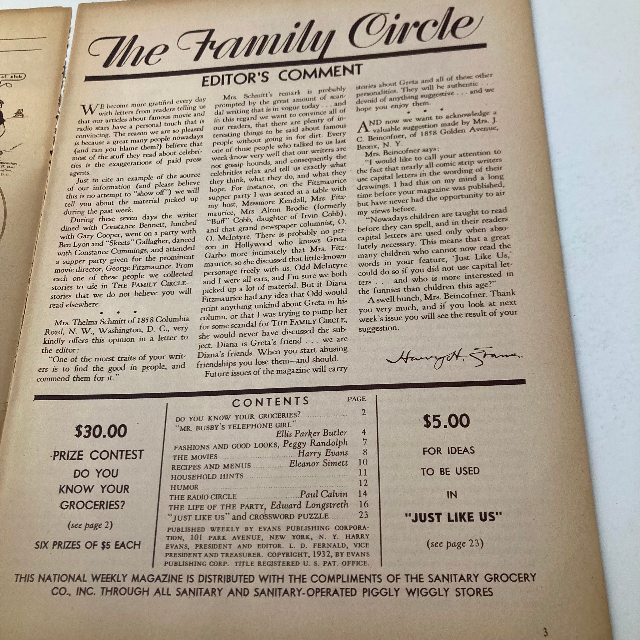 VTG The Family Circle Magazine November 11 1932 Joan Bennett, Allen No Label