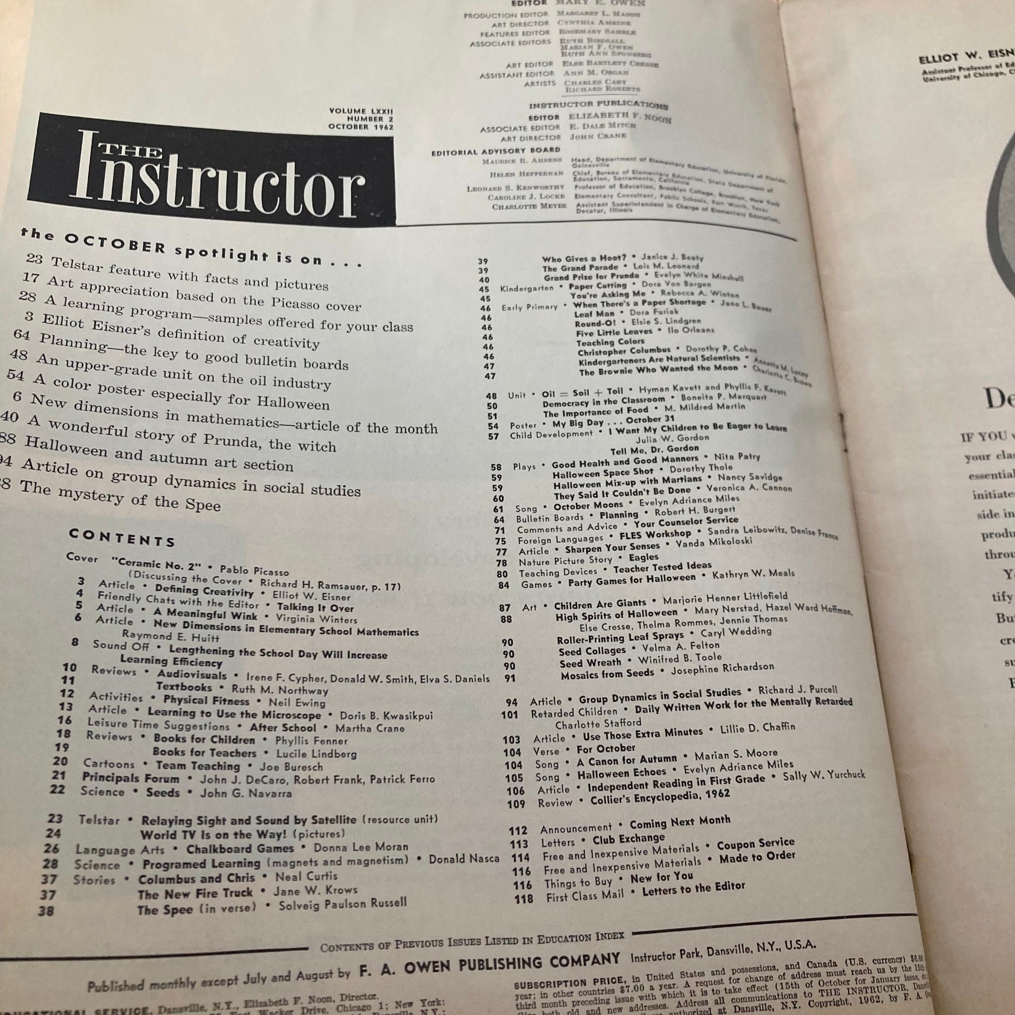 VTG The Instructor Magazine October 1962 Pablo Picasso Ceramic No. 2 GD Interior