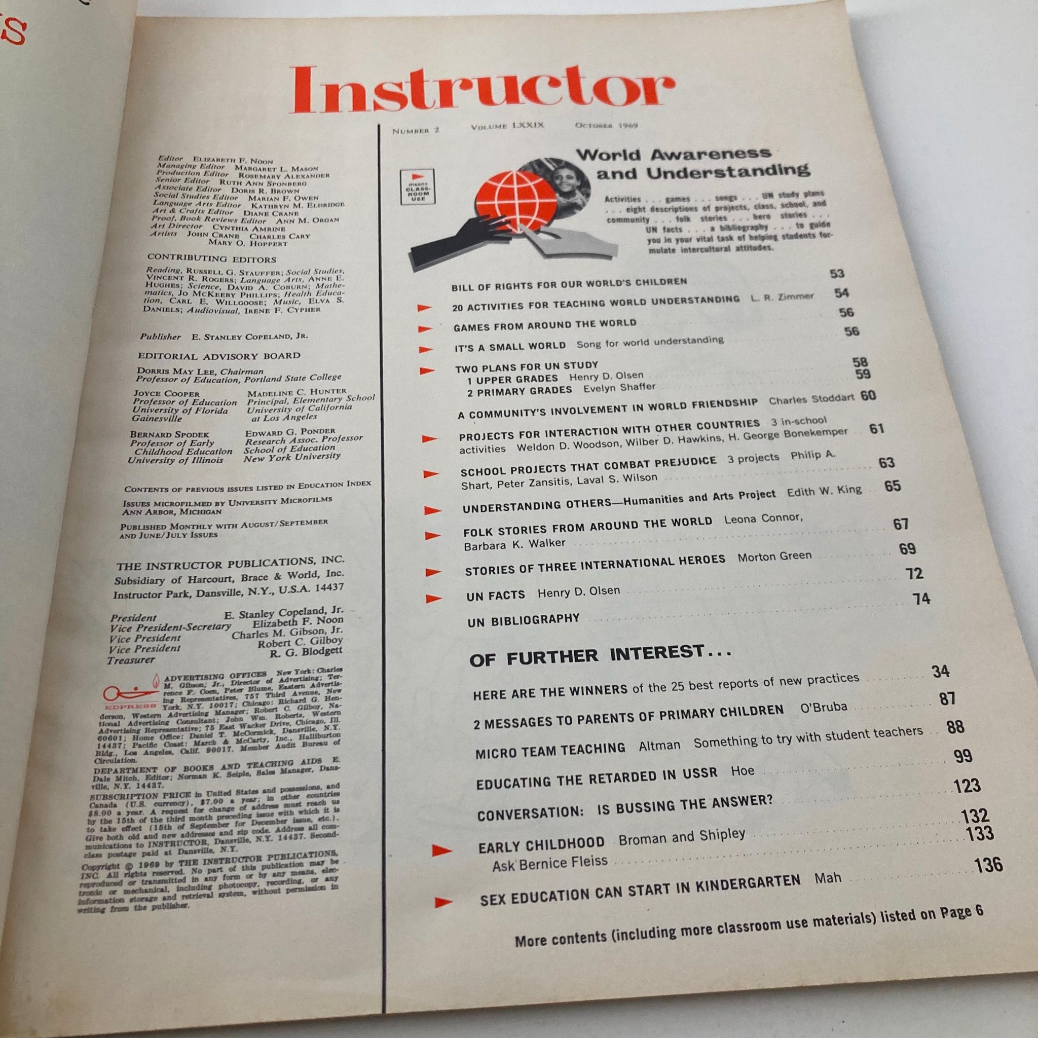 Inside page of the VTG Instructor Magazine October 1969 showcasing the table of contents, highlighting educational topics and contributions from various editors.