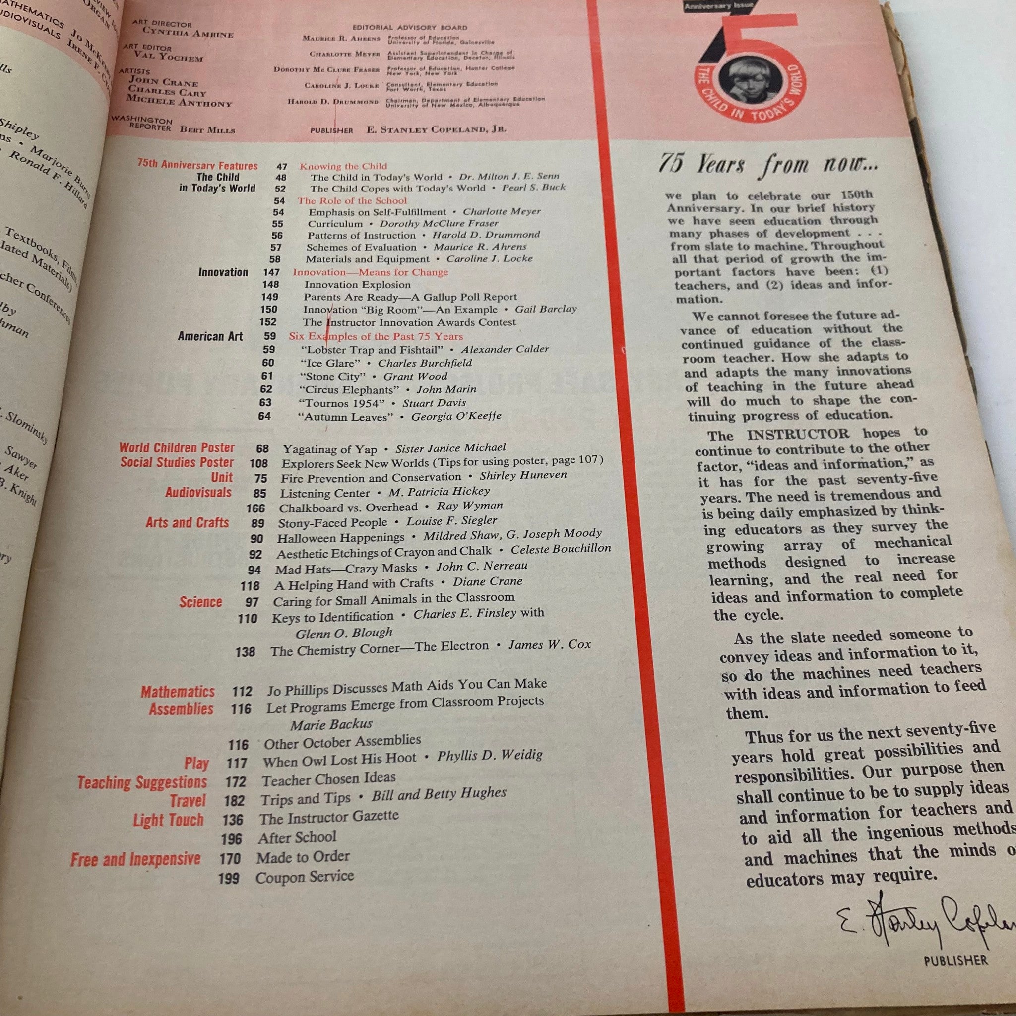 Page from VTG Instructor Magazine October 1966, featuring a contents section with an editorial advisory board, educational topics, and articles related to children in today's world.