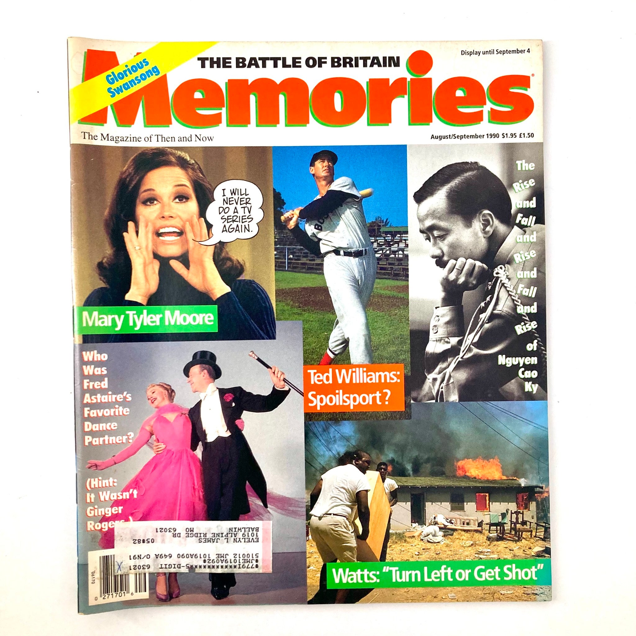 Memories Magazine of Then and Now August 1990 Mary Tyler Moore, Ted Williams