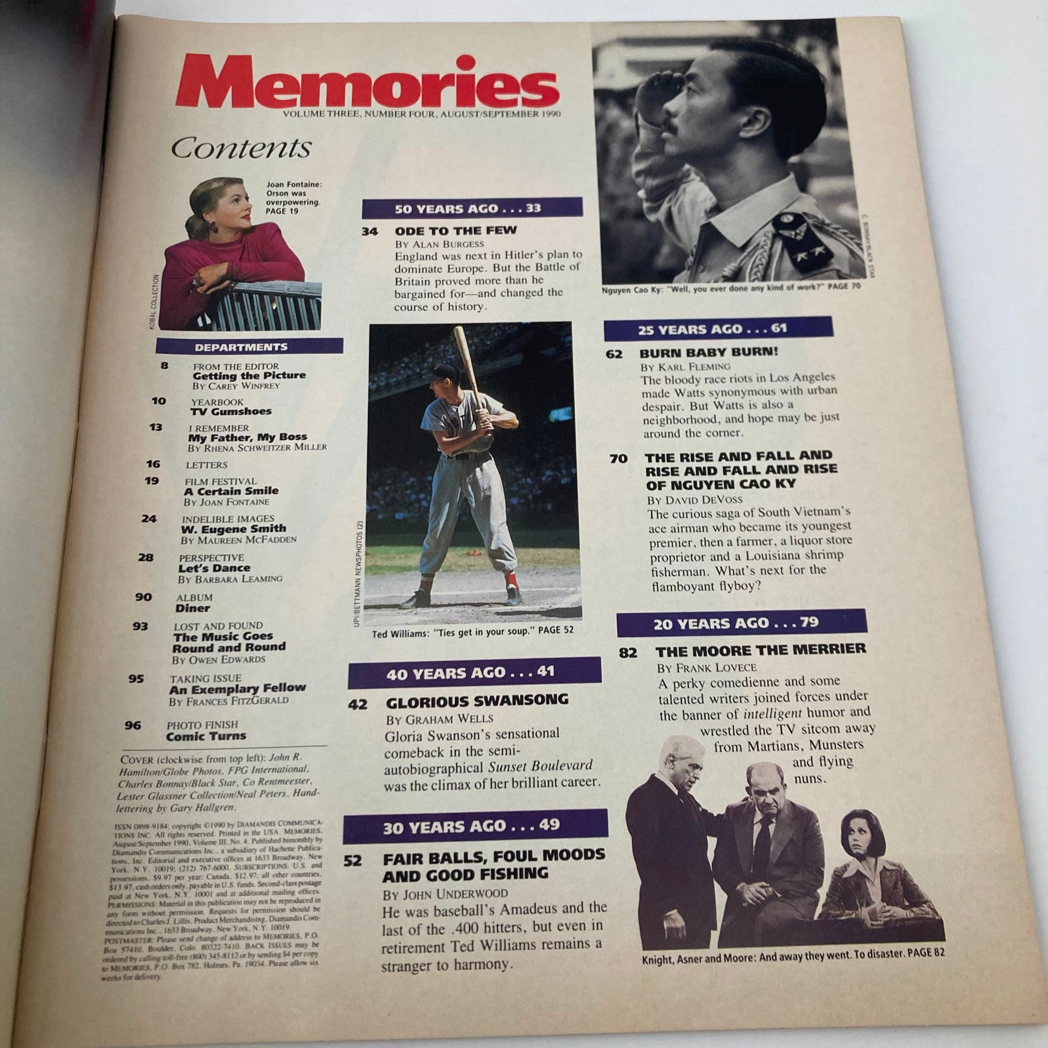 Memories Magazine of Then and Now August 1990 Mary Tyler Moore, Ted Williams