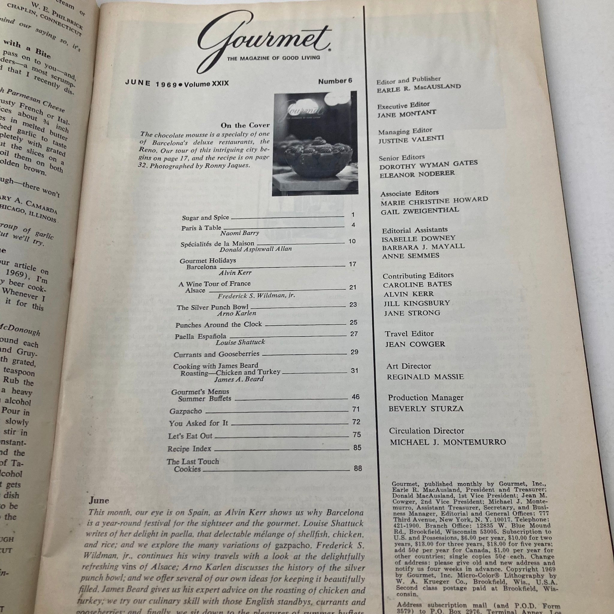 Gourmet Magazine June 1969 The Chocolate Mousse in Reno Barcelona No Label