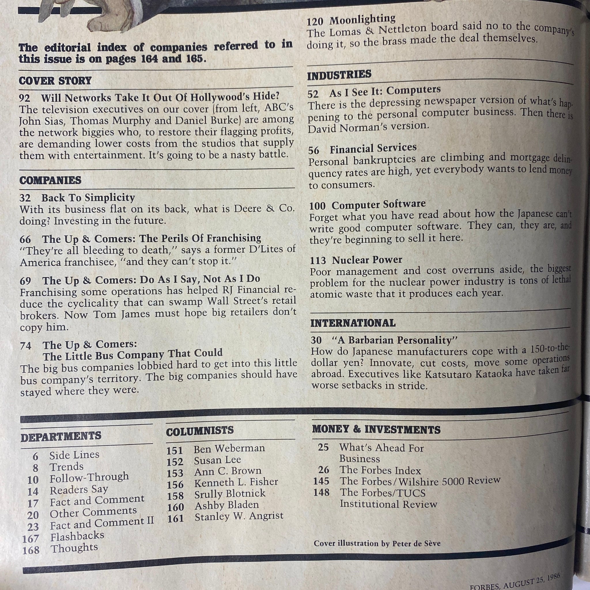 Editorial index page from Forbes Magazine August 25, 1986, featuring articles on economics, industries, and key figures of the time.