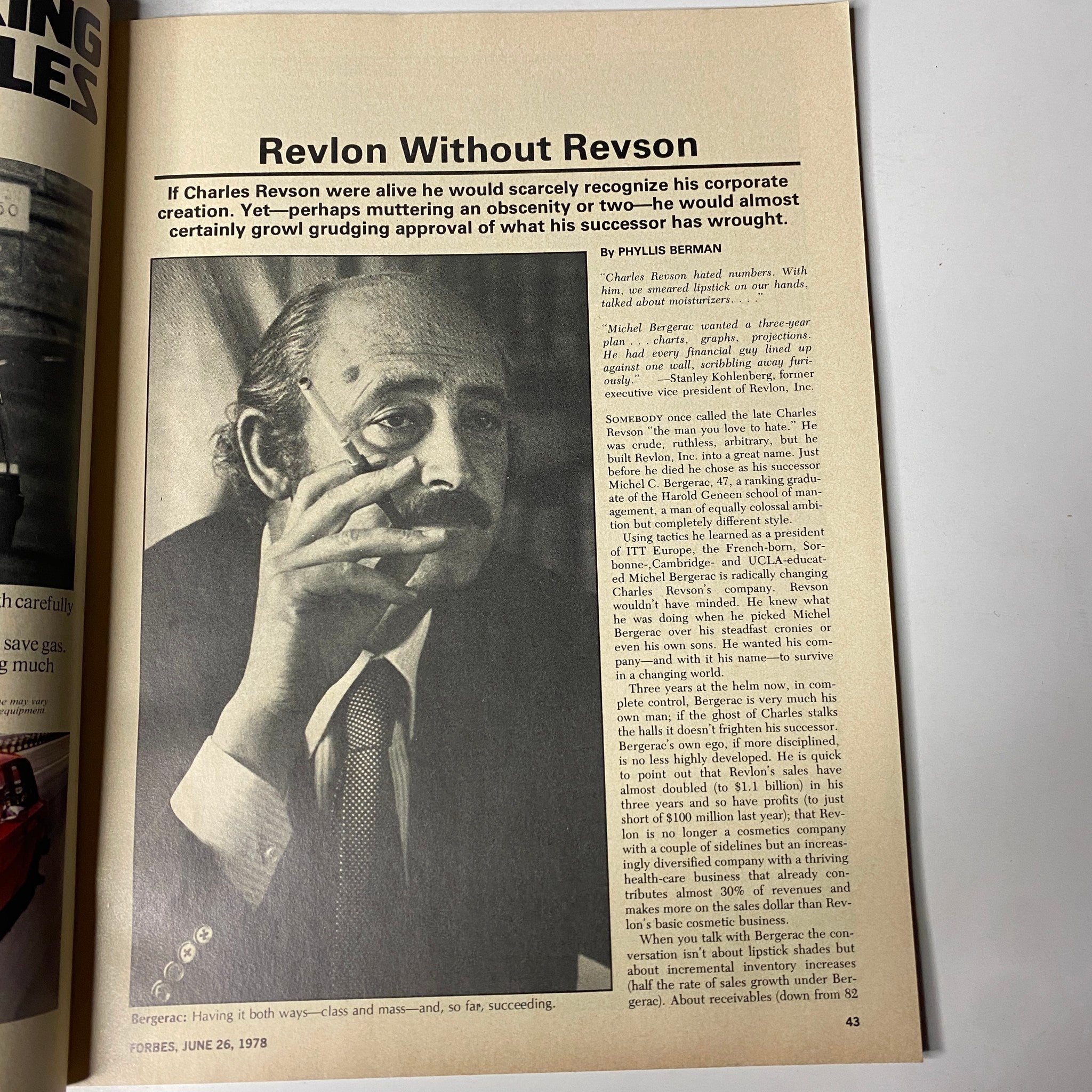 Article page from Forbes Magazine June 26, 1978 discussing Michel Bergerac's leadership at Revlon, titled 'Revlon Without Revson'.
