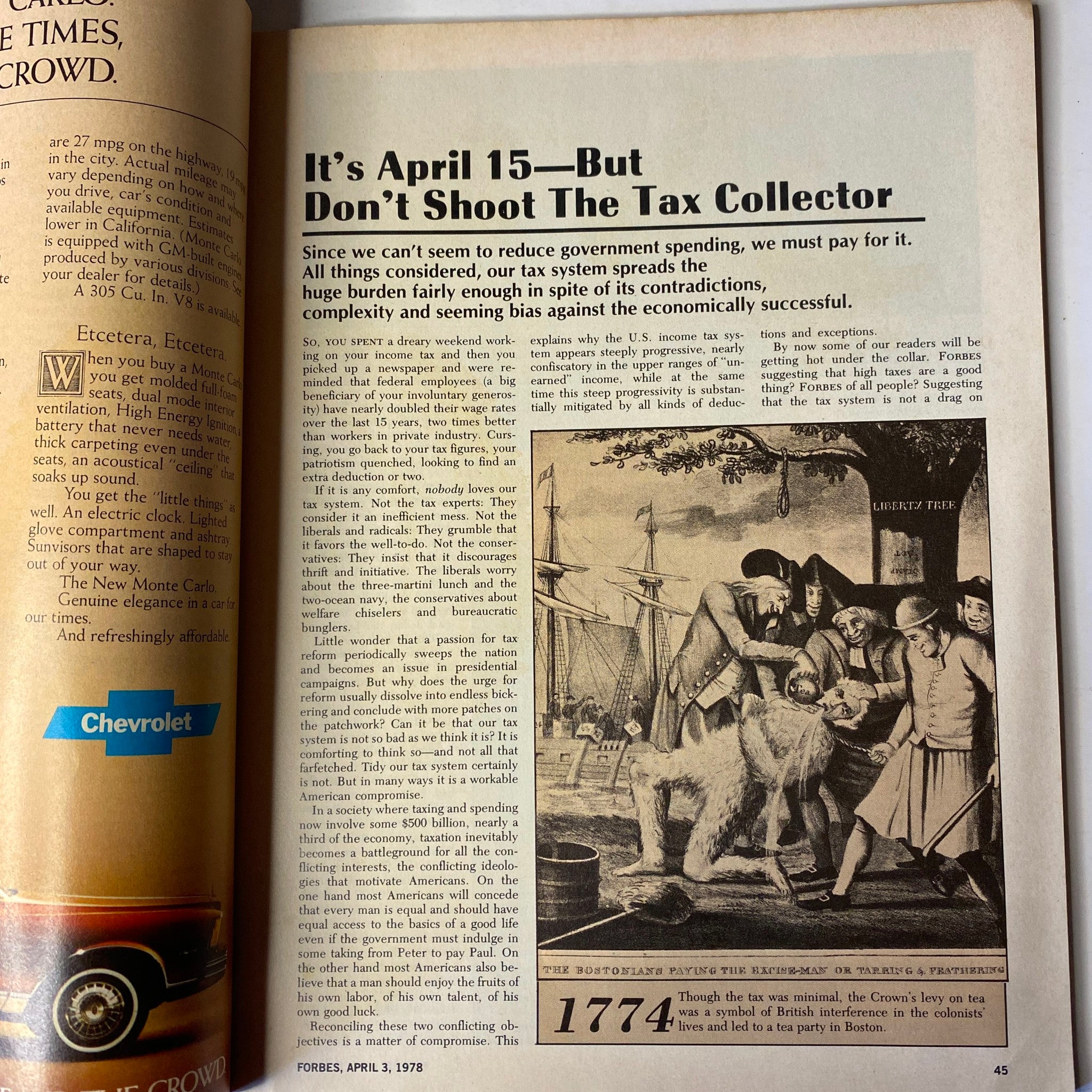Article excerpt from Forbes Magazine, April 3, 1978 discussing tax policies with a historical illustration related to taxes.