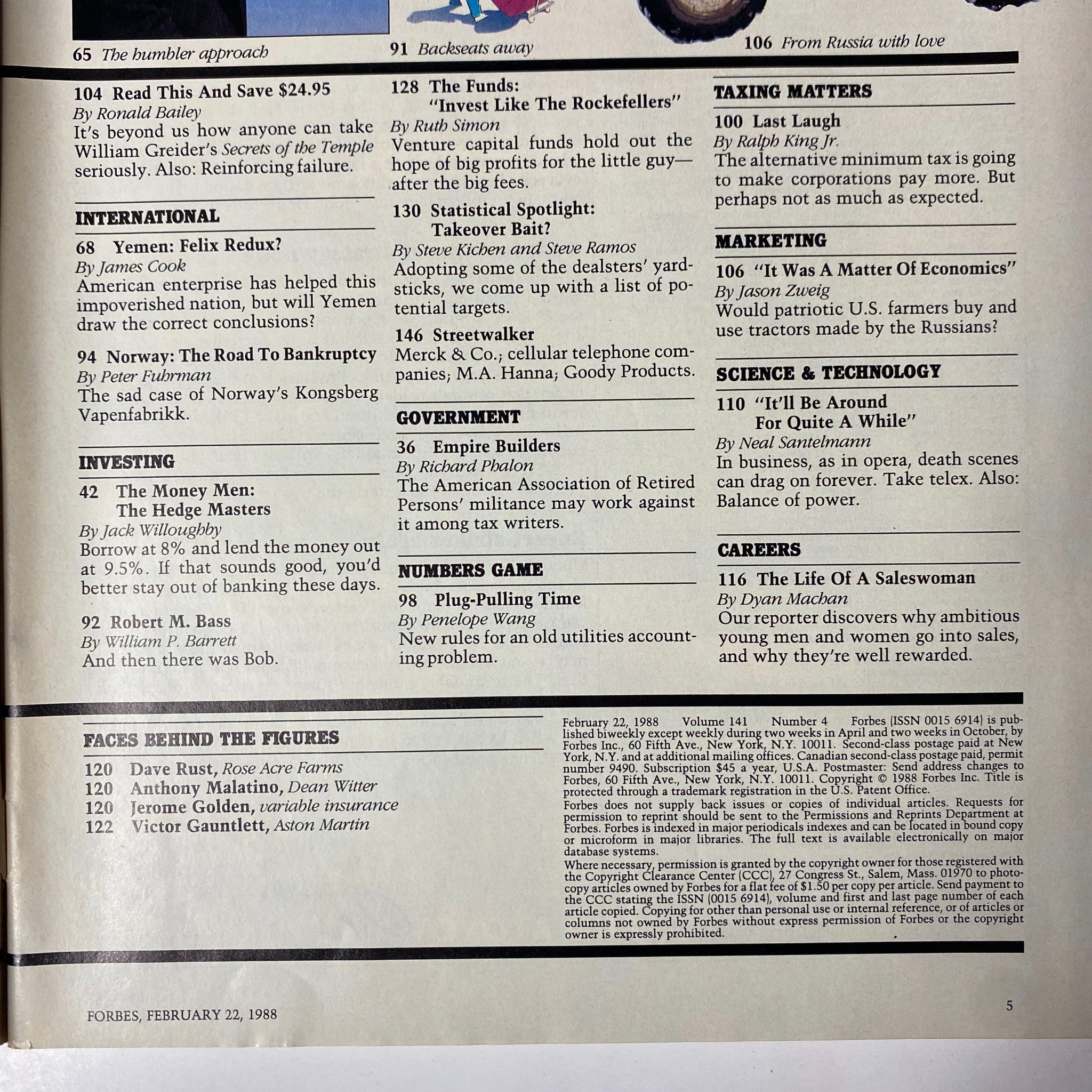 Forbes Magazine February 22, 1988 issue content page revealing topics on international affairs and investing related to the '88 Olympics in South Korea.