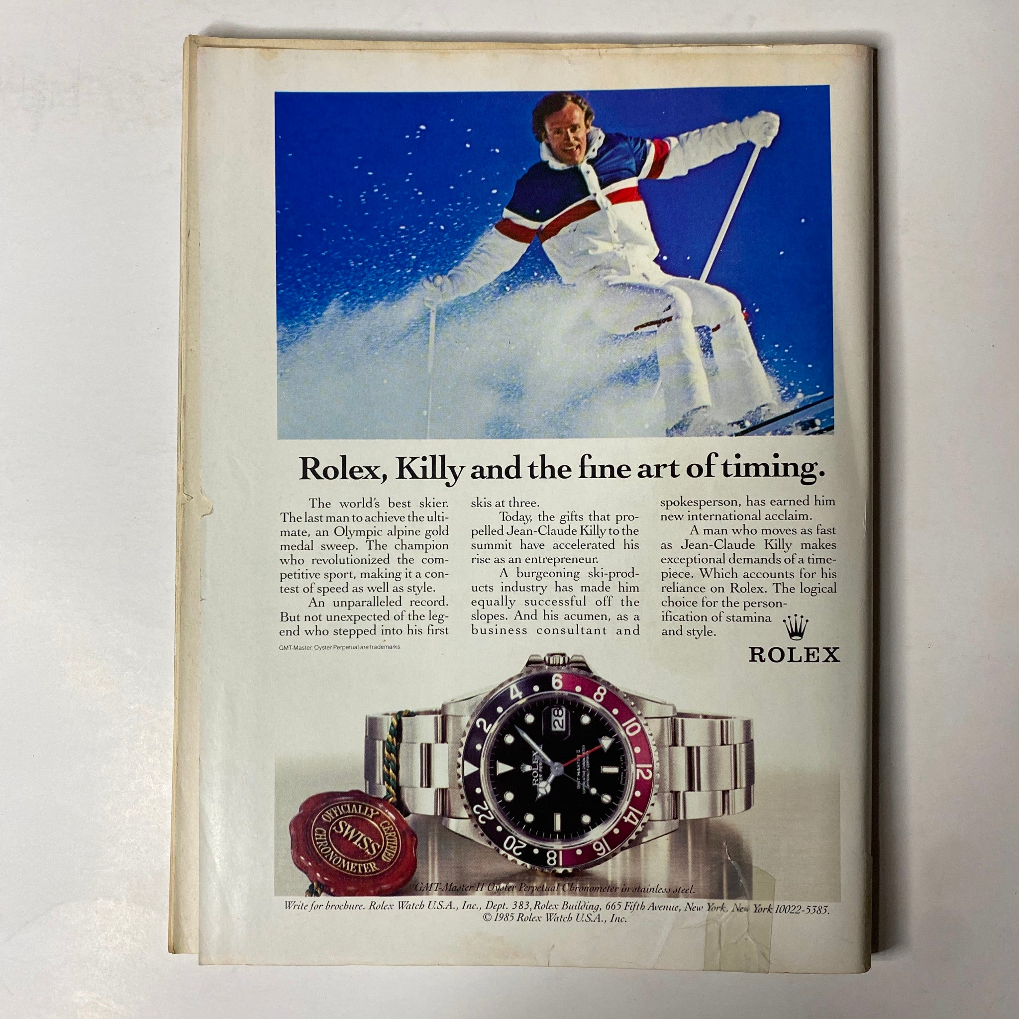 Advertisement page from Forbes Magazine February 22, 1988 showcasing Rolex watch sponsored by Olympic medalist Jean-Claude Killy.