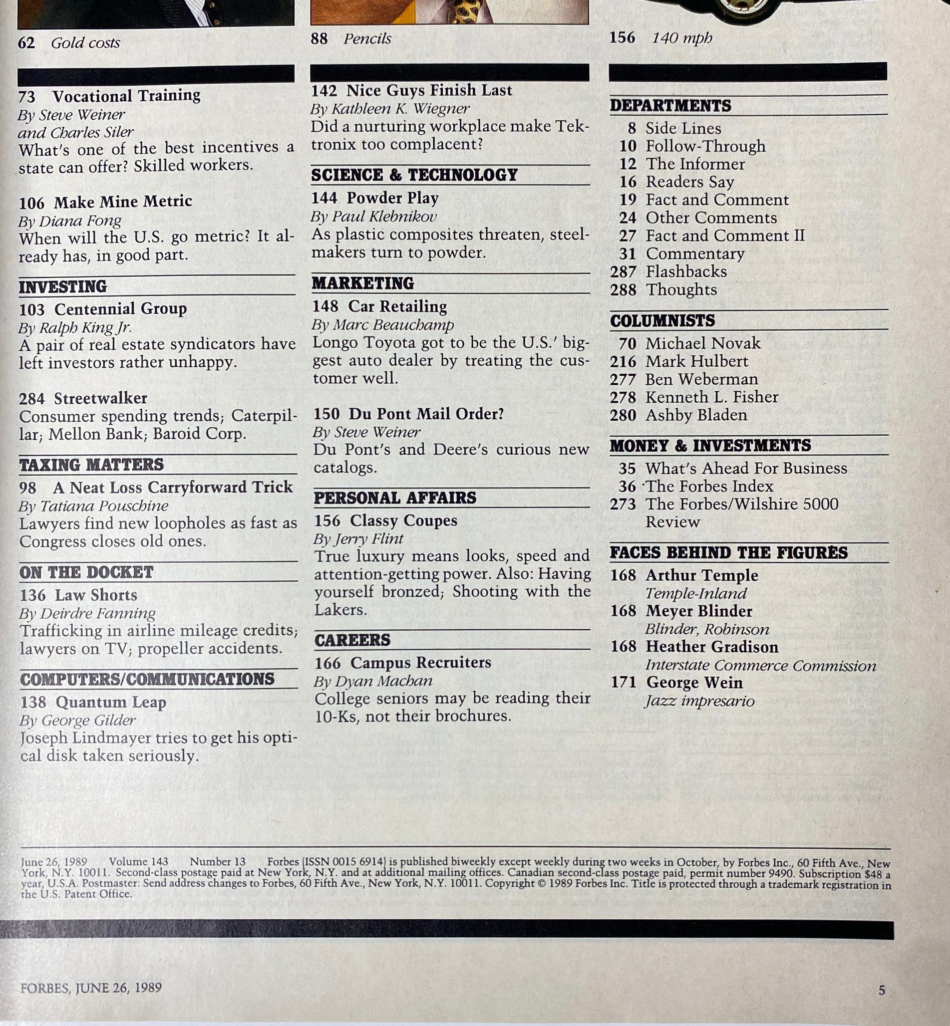 Forbes Magazine June 26, 1989 page displaying an editorial index and investment topics including mutual funds and the stock market.