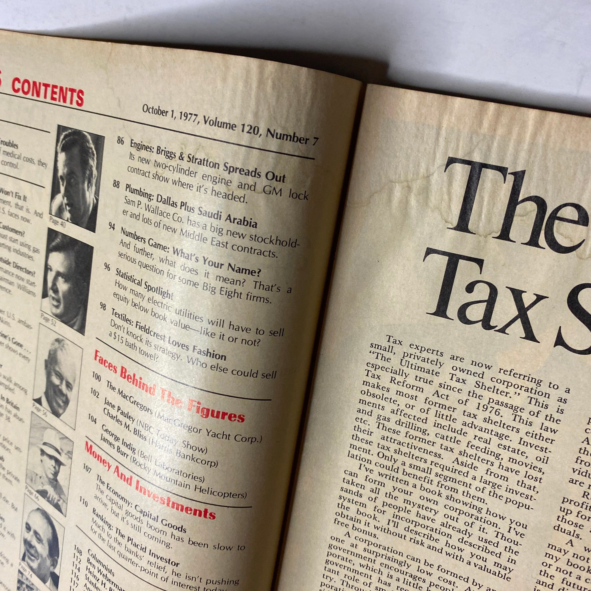 Close-up of the contents page from Forbes Magazine October 1, 1977, highlighting notable features such as 'Briggs & Stratton Spreads Out' and 'The Economy: Capital Goods'.