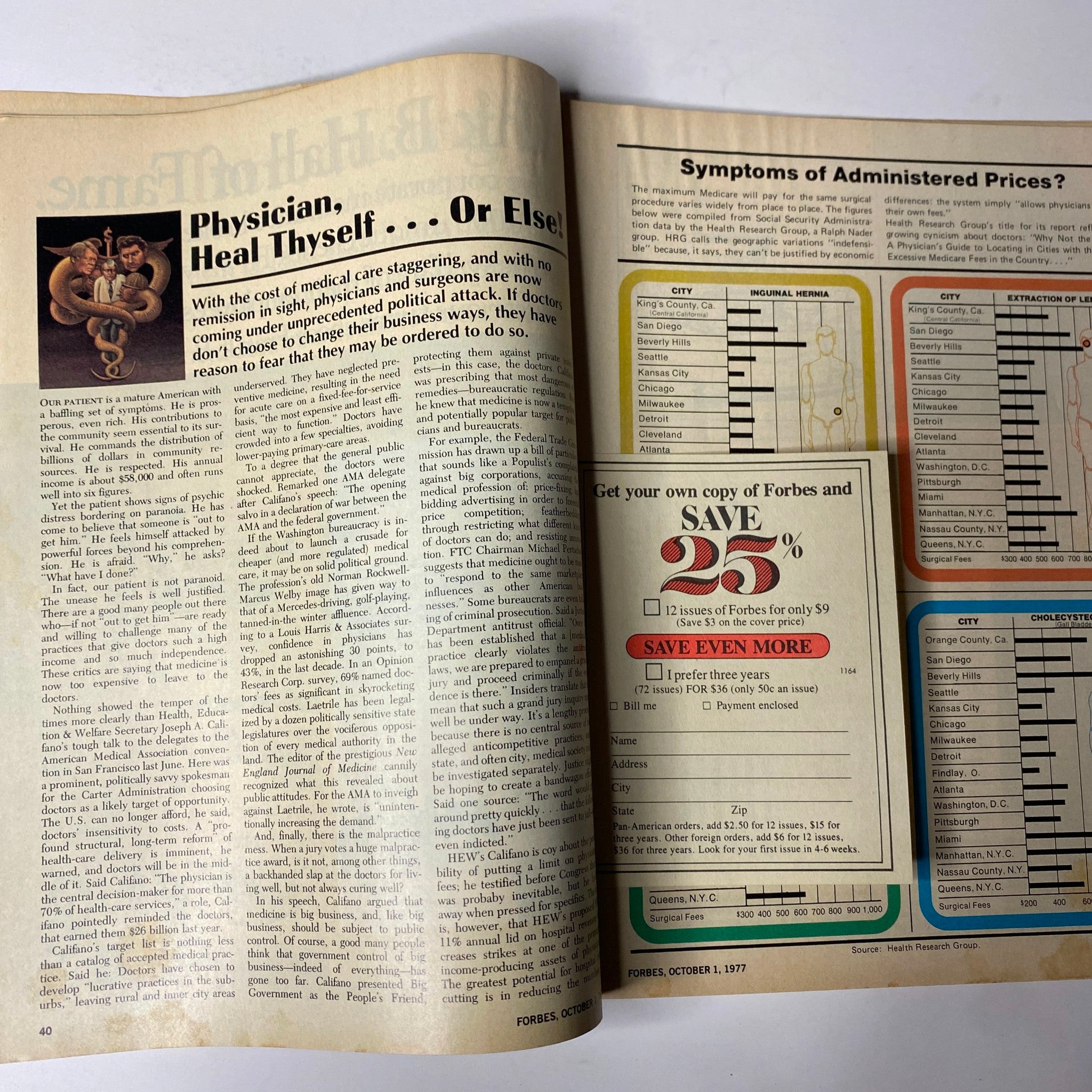 Article page from Forbes Magazine October 1, 1977, titled 'Physician, Heal Thyself ... Or Else!' discussing healthcare challenges and costs.
