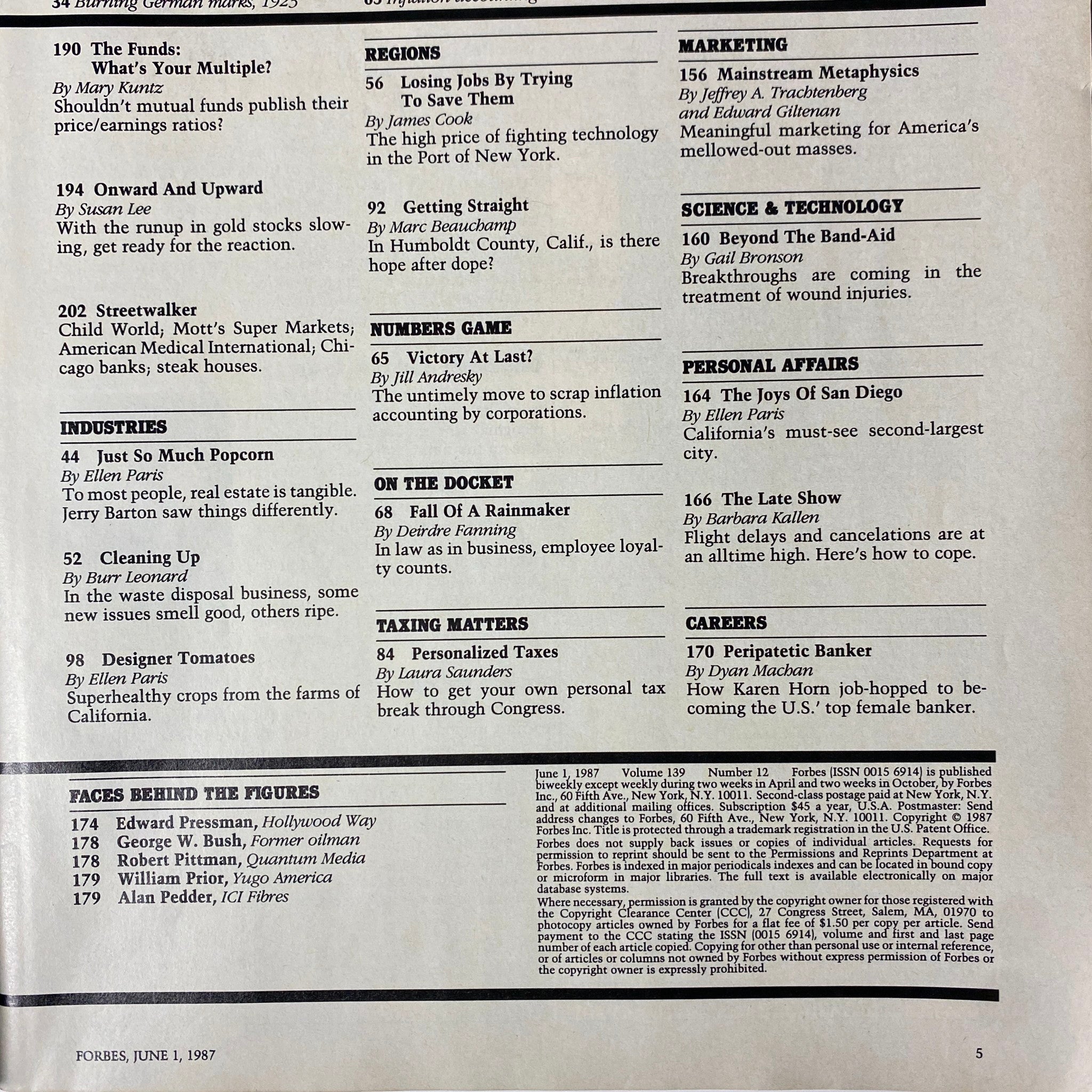 Page from Forbes Magazine June 1, 1987 displaying various article topics, including company highlights and international perspectives.