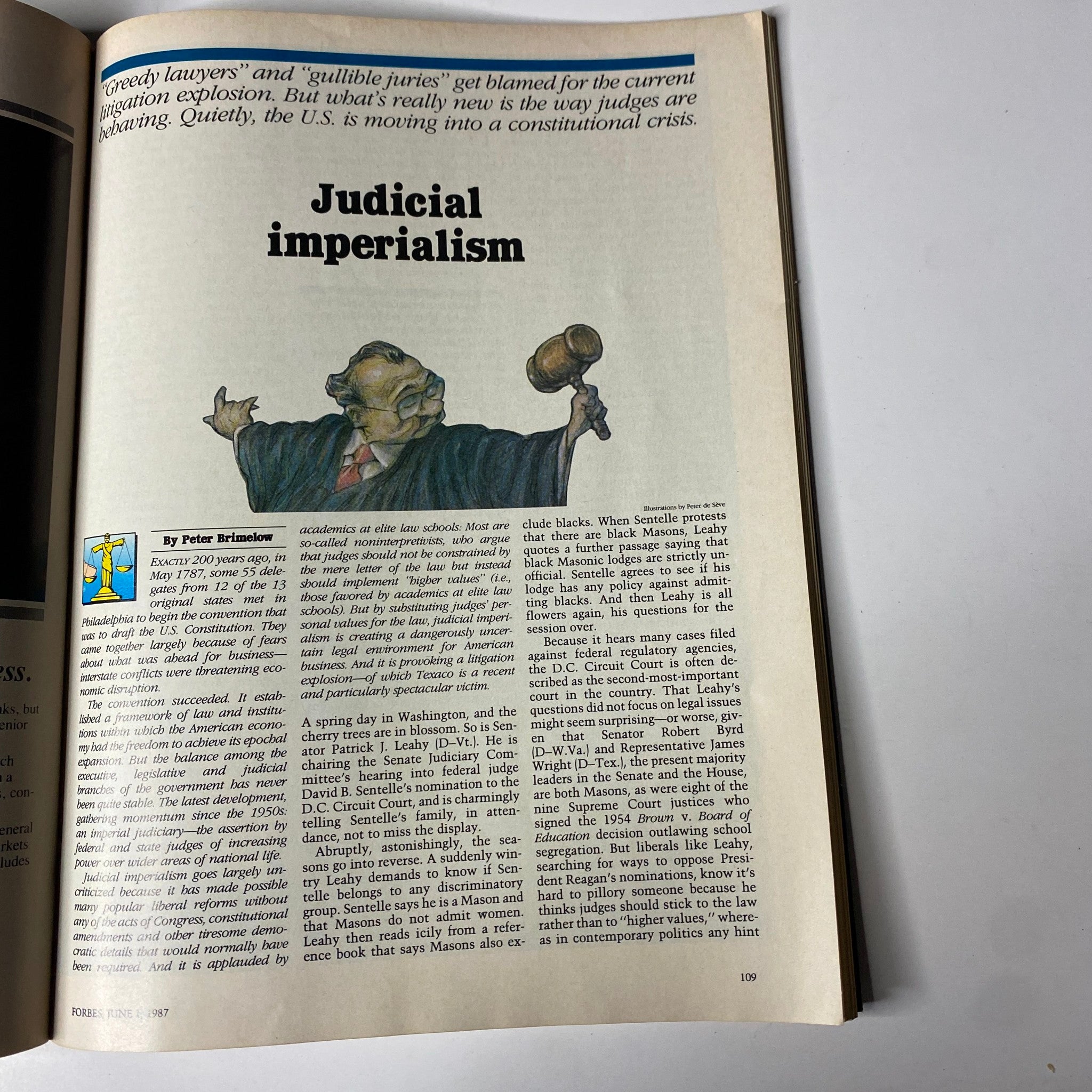 Article page from Forbes Magazine June 1, 1987, featuring 'Judicial Imperialism' by Peter Brimelow, discussing the influence of judges in America's legal system.