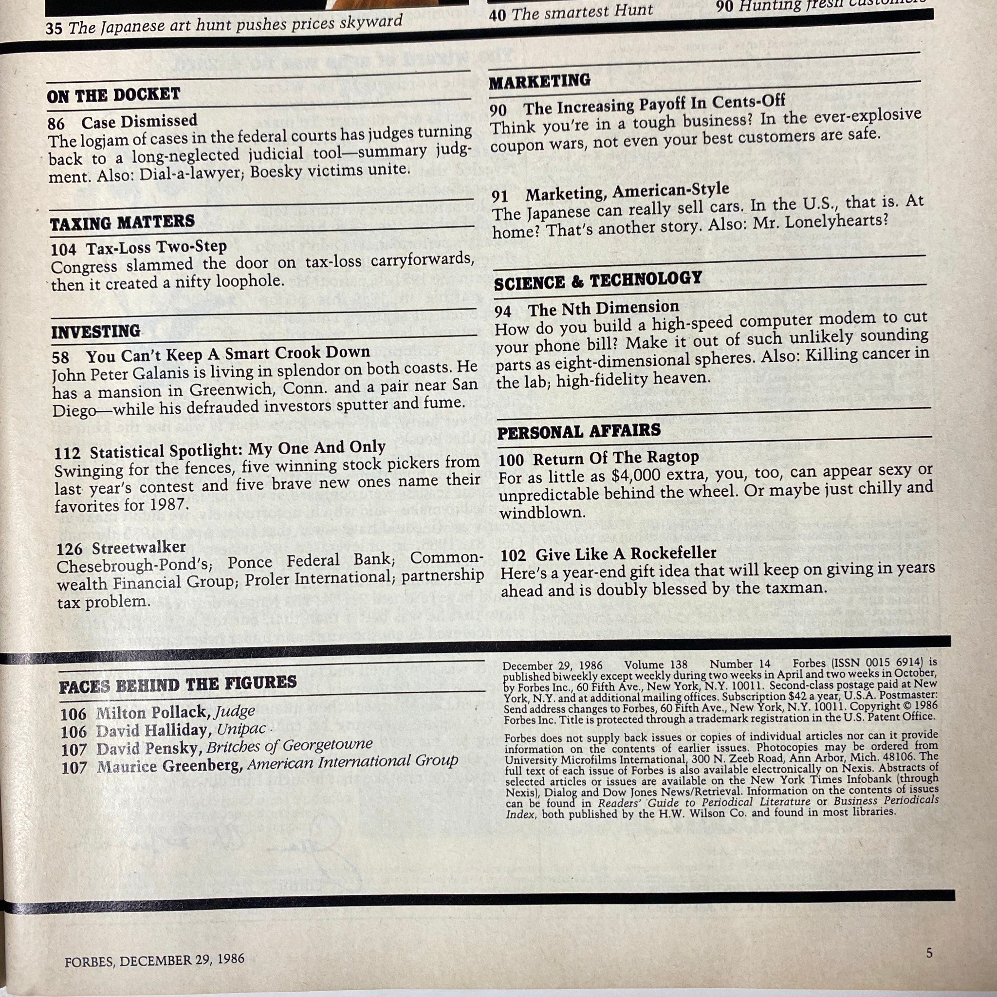 Content page from Forbes Magazine December 29, 1986 discussing various economic topics and the education financing debate.