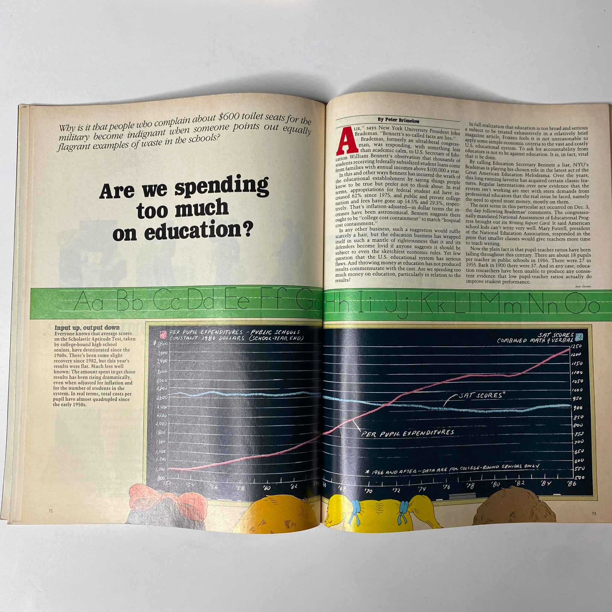 Inside spread of Forbes Magazine December 29, 1986 featuring the main article 'Are We Spending Too Much on Education?' with accompanying graphs and analysis.