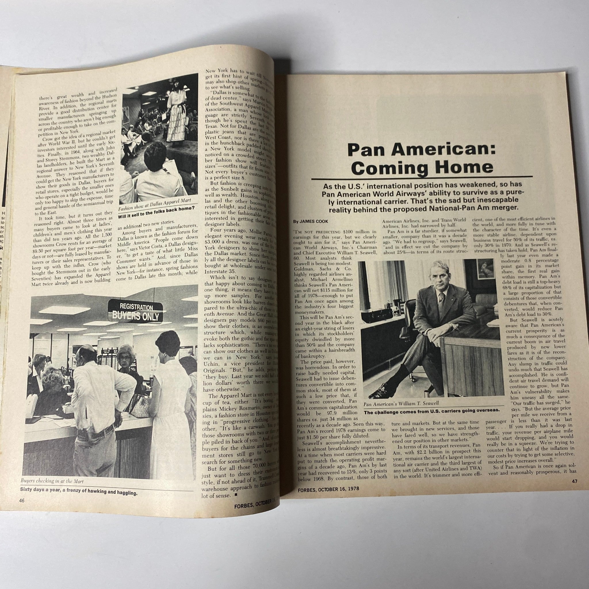 An interior spread from Forbes Magazine October 16, 1986 detailing the cover story 'Pan American: Coming Home' with images of the Dallas Apparel Mart.