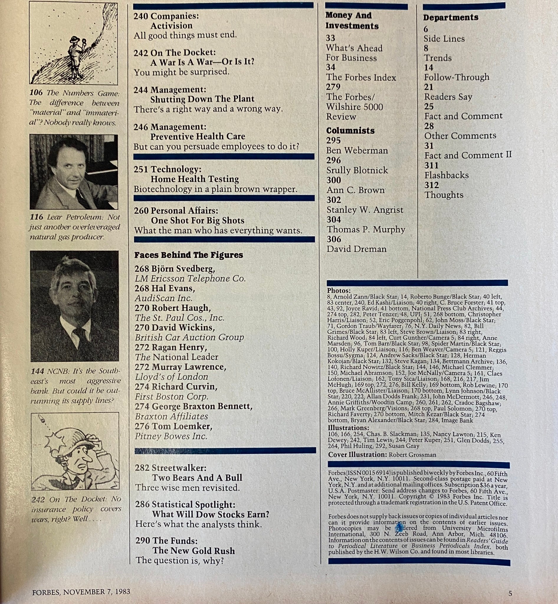 Forbes Magazine November 7, 1983 inside page showcasing notable companies and columns discussing economic strategies and market behavior.